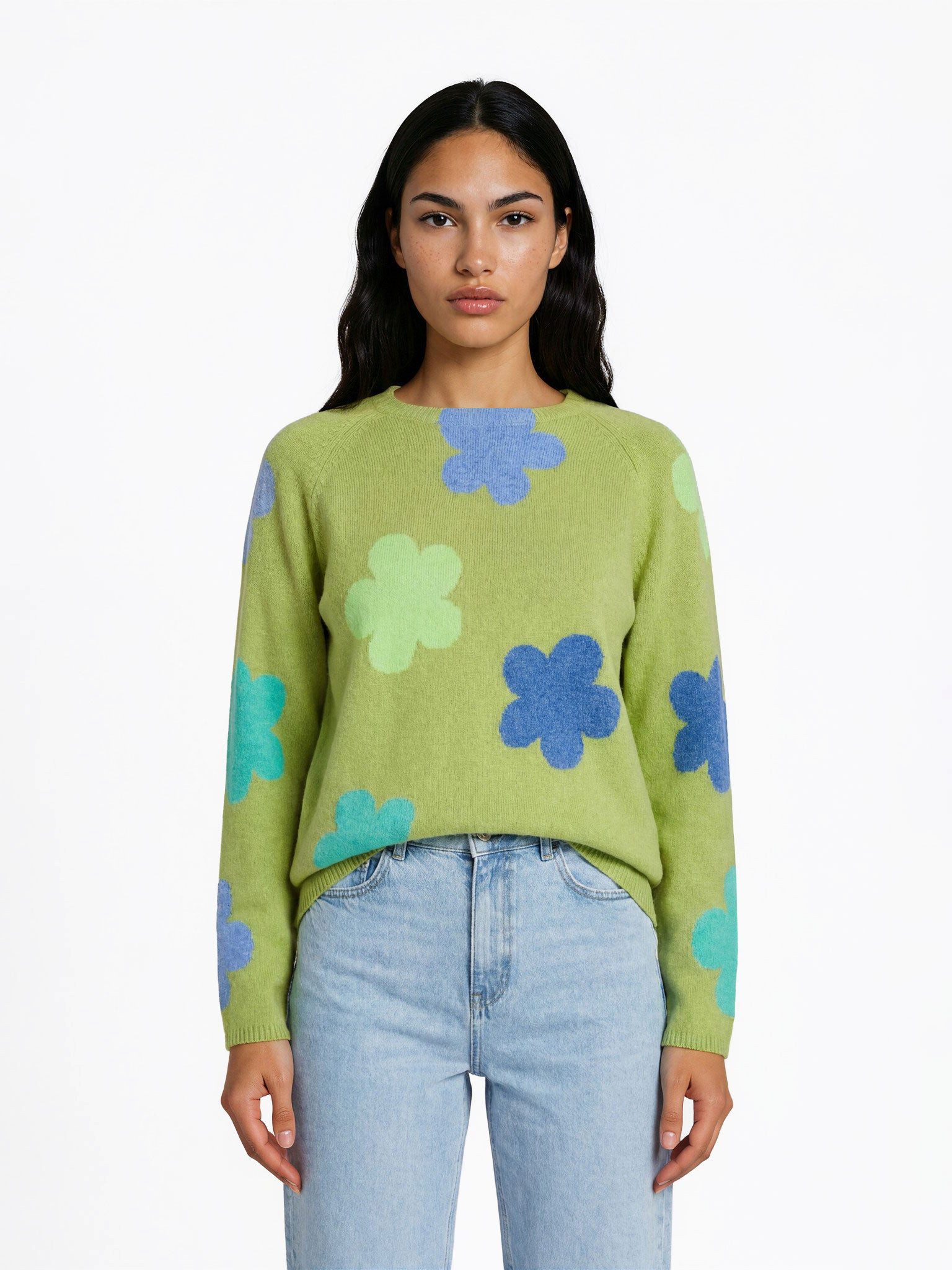 FRISTED Strickpullover Damen Lammwolle mit Blumenmuster Rundhals Relaxed Fit Langarm Intarsien-Blüten in Melange-Optik mit Raglanärmeln und Seitenschlitzen