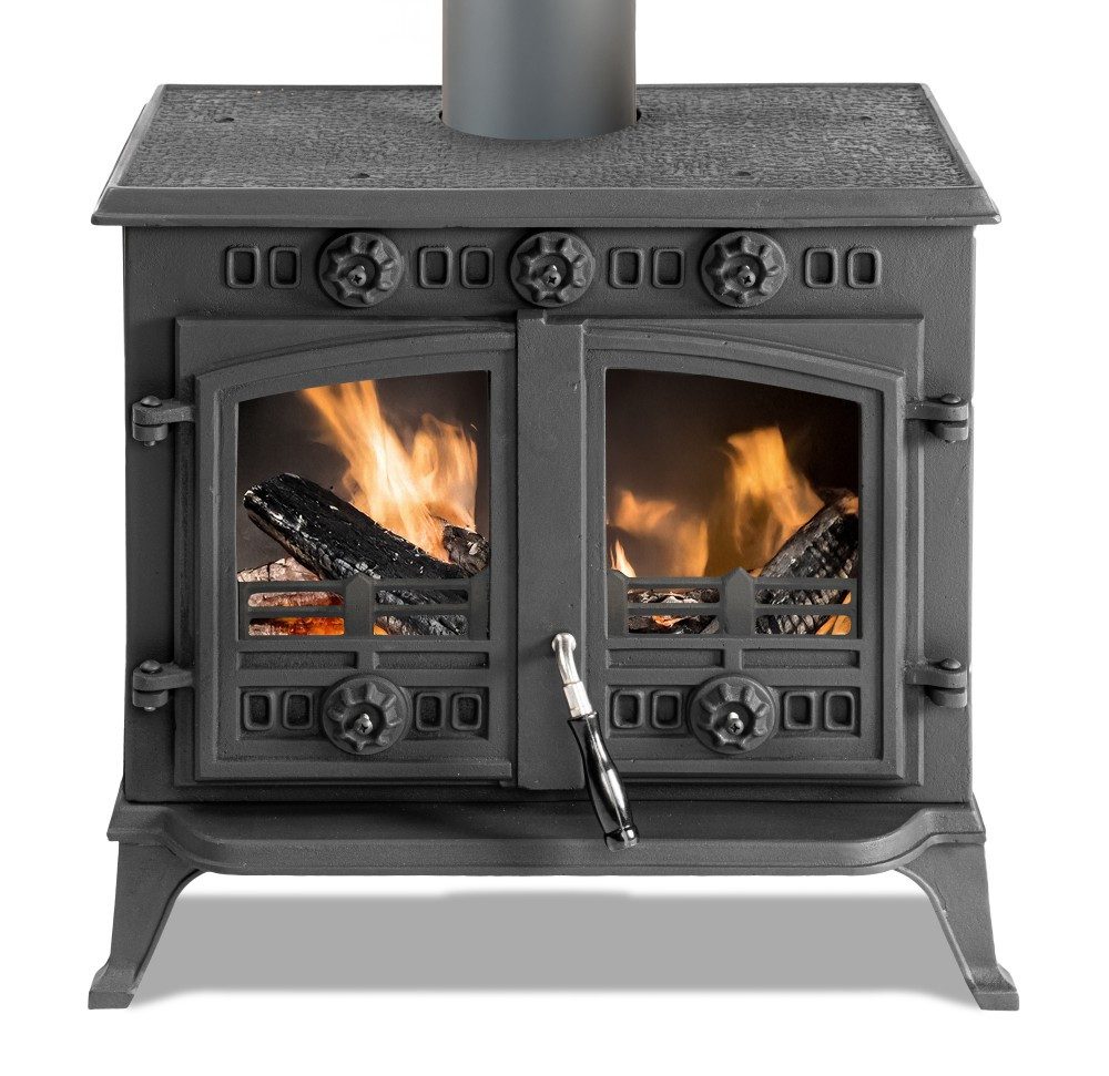 ECOfoxx Kaminofen EEK A Gusskaminofen mit Flügeltüren Modell JA006, Holz&Kohle, 9,8 kW, Dauerbrandfähig, massiver Gusseisen, großer Aschekasten in Schaufelform, Bauart 1