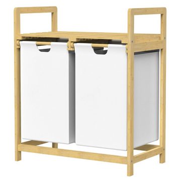 ML-DESIGN Wäschekorb Wäschebox Wäschesammler Wäschetruhe Wäschesortierer Wäschetonne, Weiß mit 2 Fächern 60L mit Ablage aus Bambus
