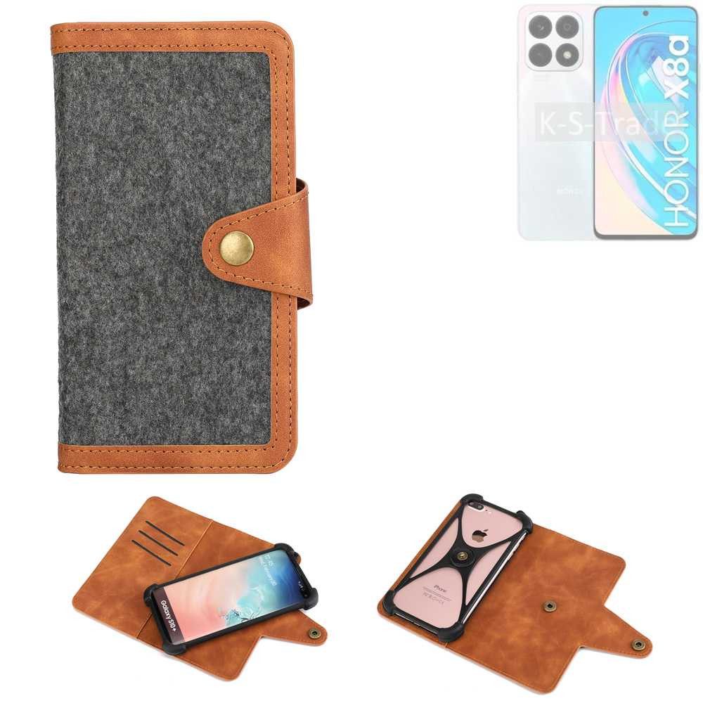 K-S-Trade Handyhülle für Honor X8a 5G, Schutzhülle Handyhülle Filz Hülle Kunst-Leder dunkelgrau braun