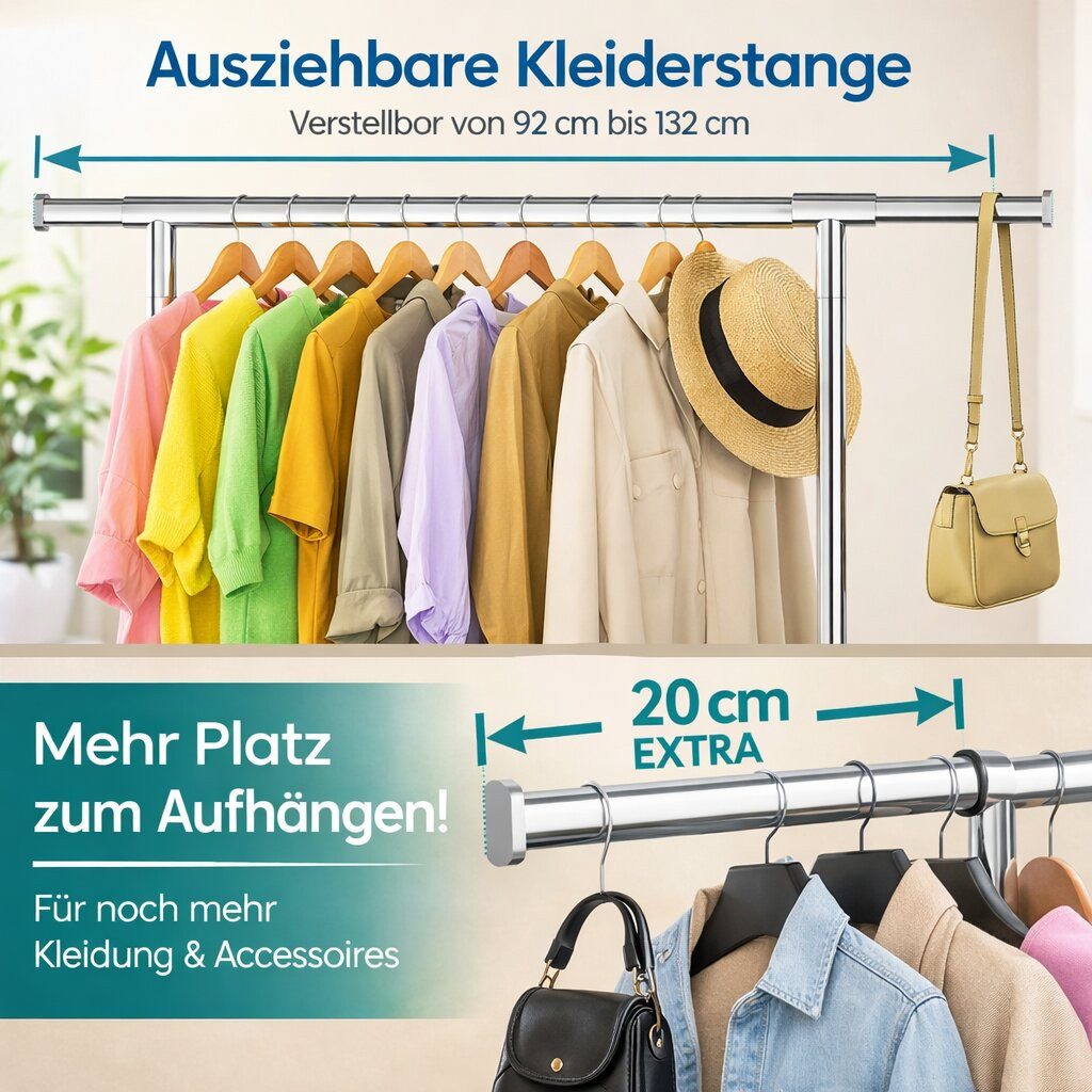 BigDean Kleiderständer auf Rollen bis 90 kg belastbar ausziehbare Kleiderstange, (Stück, 1 St., Kleiderständer), 4 leichtgängige Rollen, Ausziehbare Kleiderstange