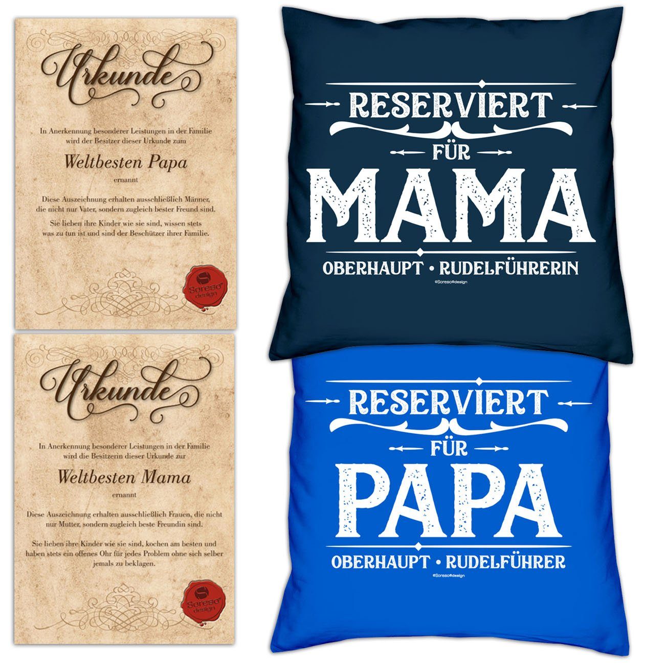 Soreso® Dekokissen Kissen-Set Reserviert für Papa Reserviert für Mama mit Urkunden, Geschenk Vatertag Muttertag navy-blau