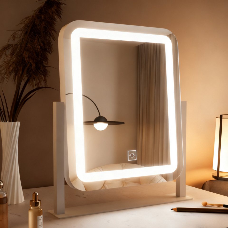 WDWRITTI Schminkspiegel mit Beleuchtung für tisch Kosmetikspiegel 3Lichtfarben Dimmbar Touch (Tischspiegel Rechteckig, mit LED, Touch), HD Kupfer- und bleifreier Spiegel, Stabile Standfuß