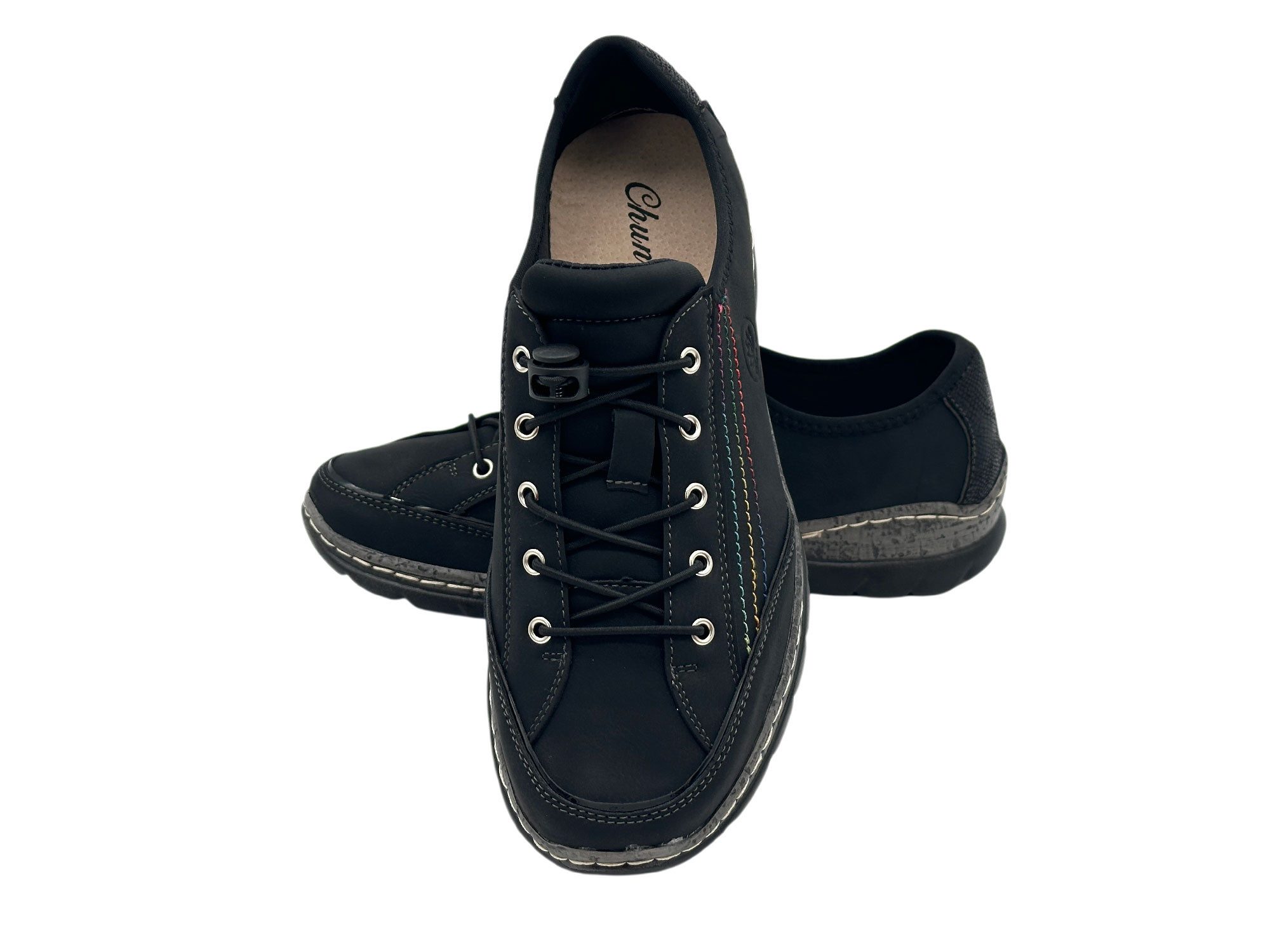 Nowaland Damen Halbschuh mit Schnellverschluss und farbigen Kontrastnähten Slipper Elastikschnürung mit Stopper & dekorative Mehrfarb-Nähte