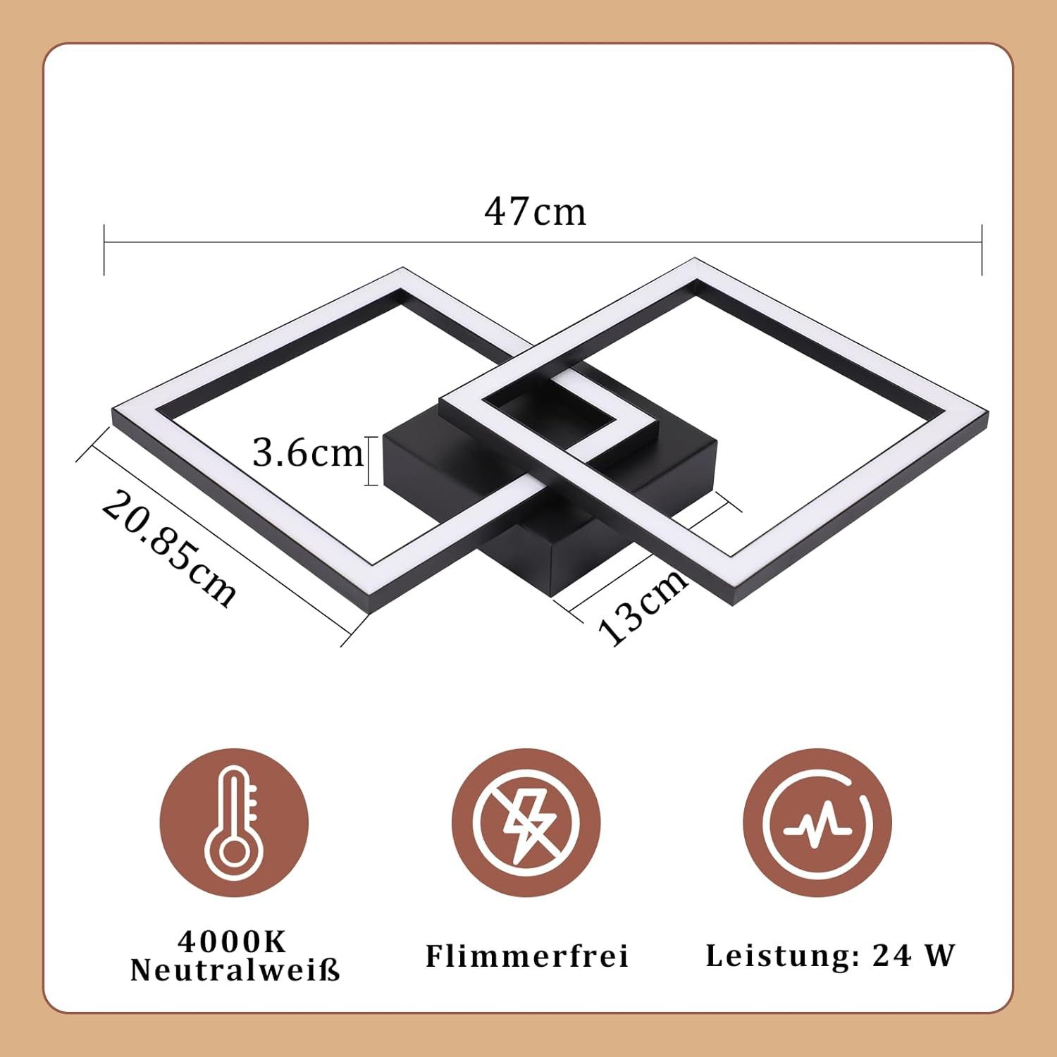 Nettlife LED Deckenleuchte Modern Schwarz Eckig Schlafzimmer 24W Metall 4000K, LED fest integriert, Neutralweiß, Deckenbeleuchtung für Wohnzimmer Flur Schlafzimmer Küche