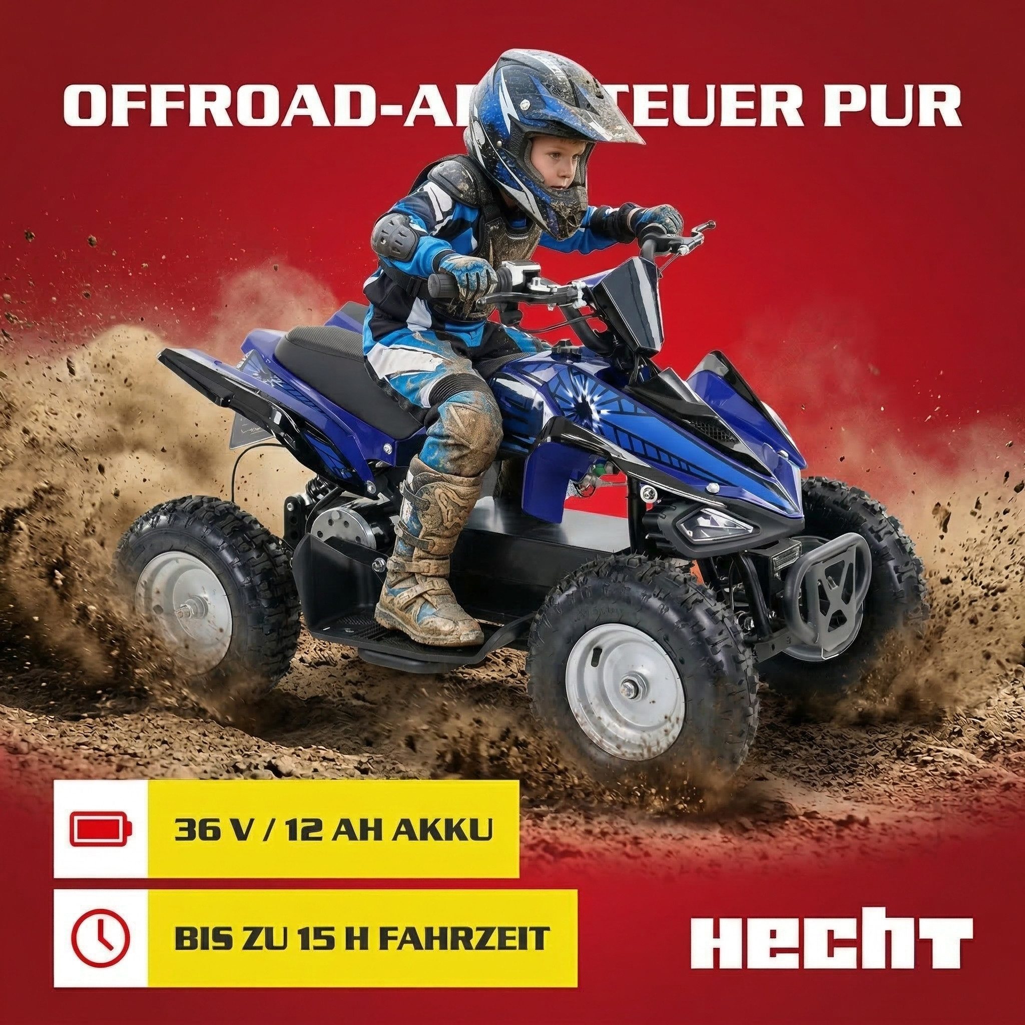 Hecht Elektro-Kinderquad Mini Kinder Quad 1000W bis 20 km/h, Belastbarkeit 65 kg, 36V/12Ah Akku, Scheibenbremsen, Scheinwerfer