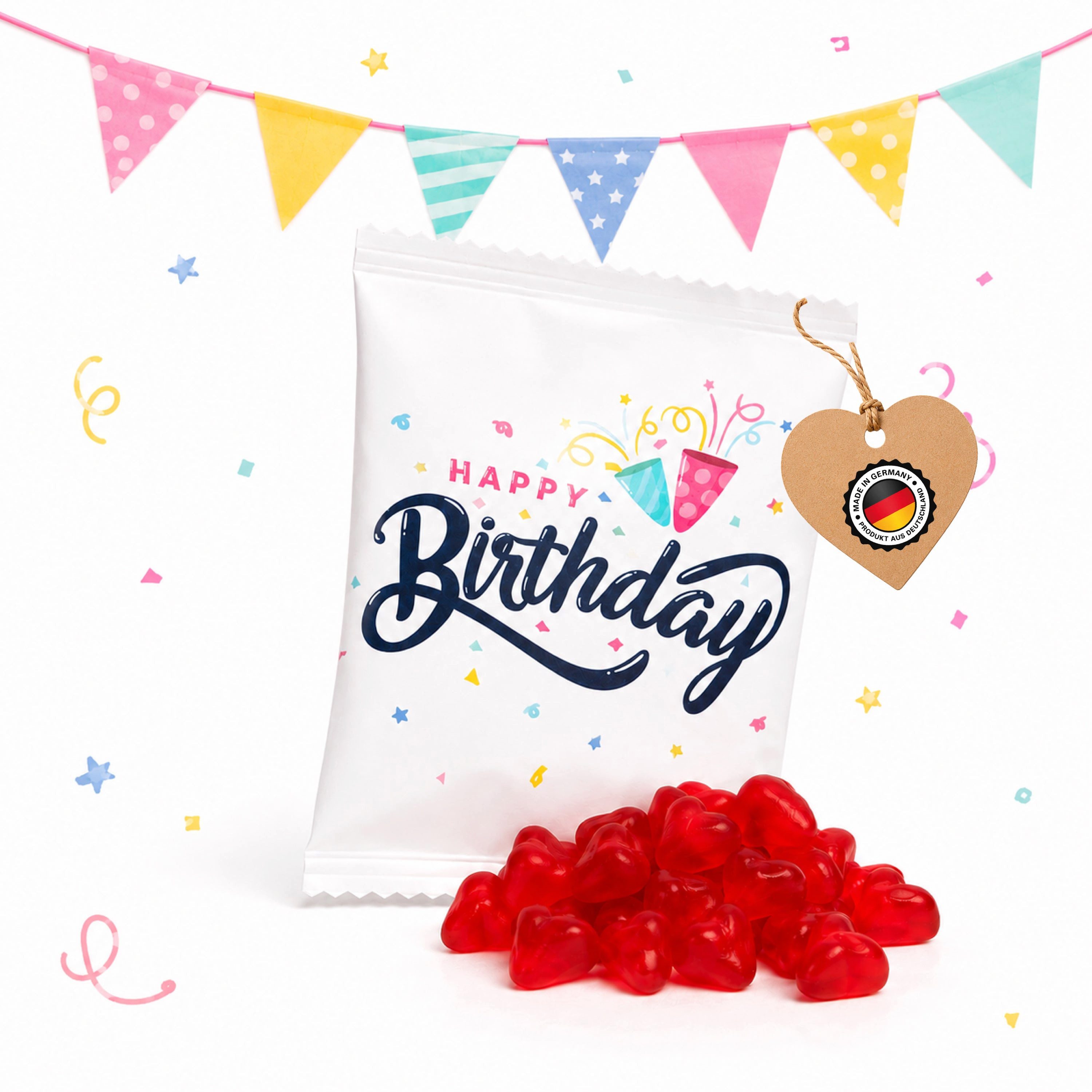 Logbuch-Verlag Geburtstagskarten Fruchtgummi-Päckchen Happy Birthday – Mini-Herzen als Gastgeschenk
