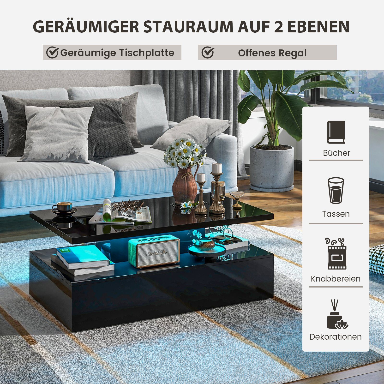 COSTWAY Couchtisch 110cm Wohnzimmertisch mit LED 20 Farben, Stauraum hochglanz – Bild 5 von 5