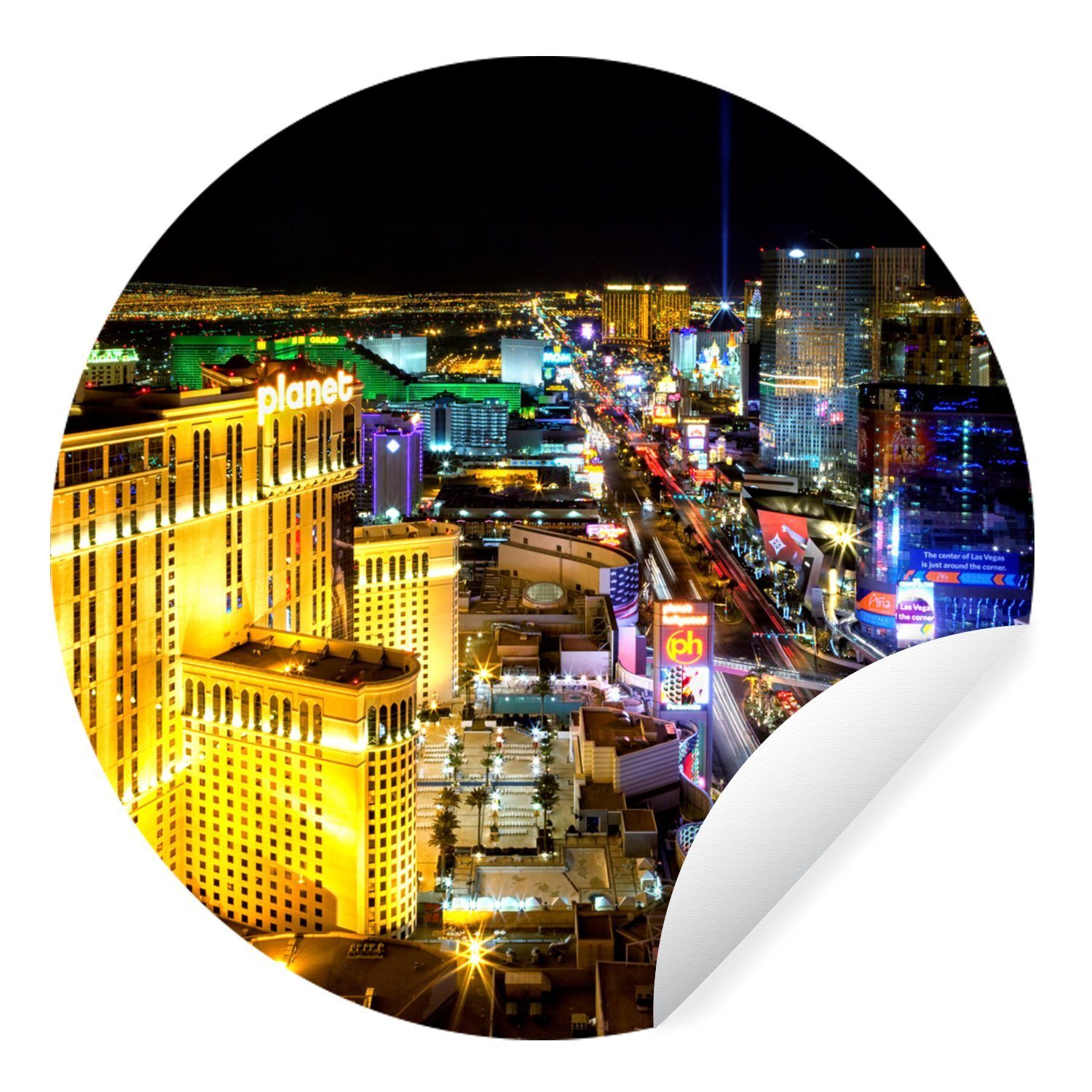 MuchoWow Wandsticker Nächtliche Skyline von Las Vegas - Vereinigte Staaten (1 St), Tapetenkreis für Kinderzimmer, Tapetenaufkleber, Rund, Wohnzimmer