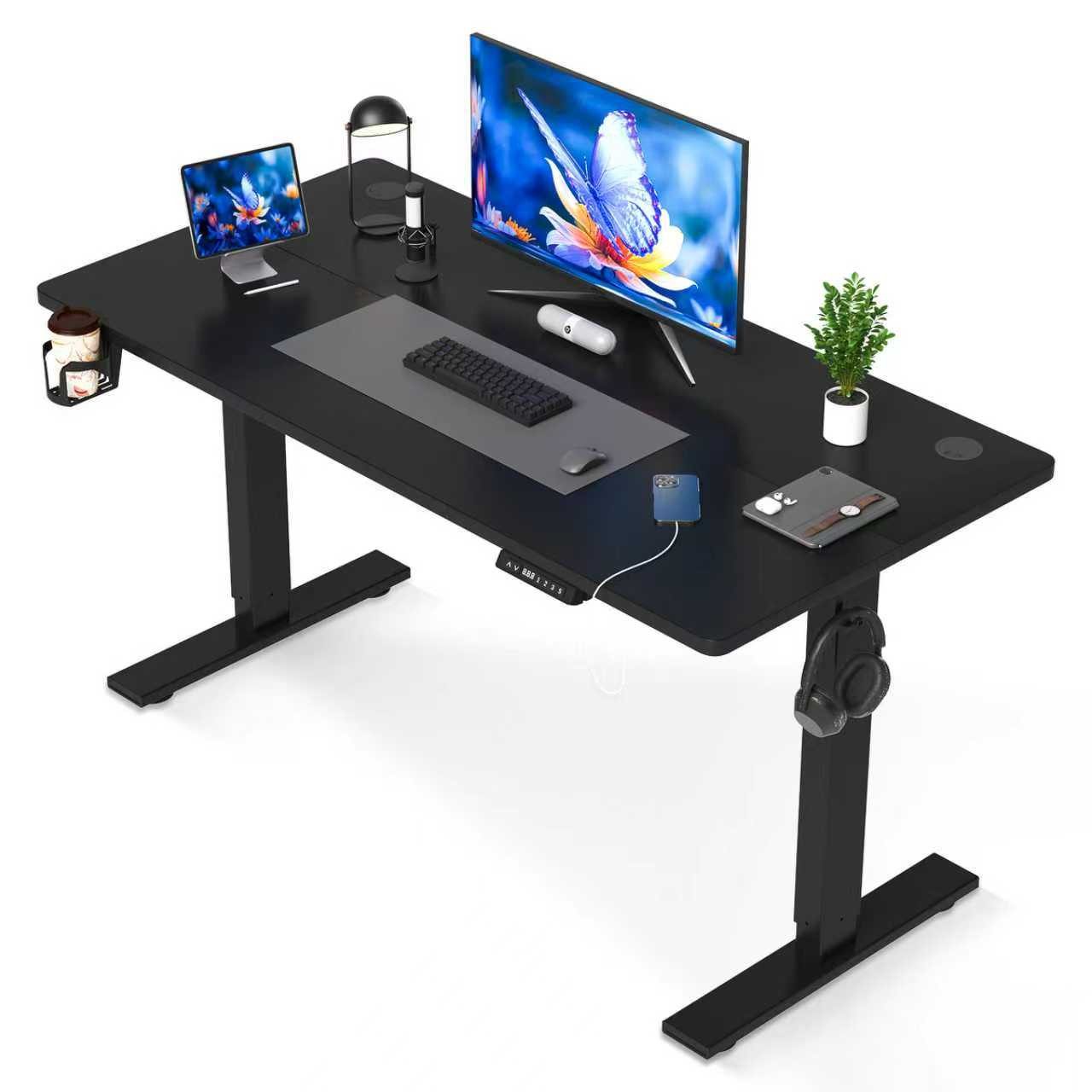 HOMAVO Schreibtisch Höhenverstellbarer schreibtisch mit Memory- und Rebound-Funktion, inkl. Kabelwanne & USB/Typ-C-Anschlüssen, Tischplatte 18 mm