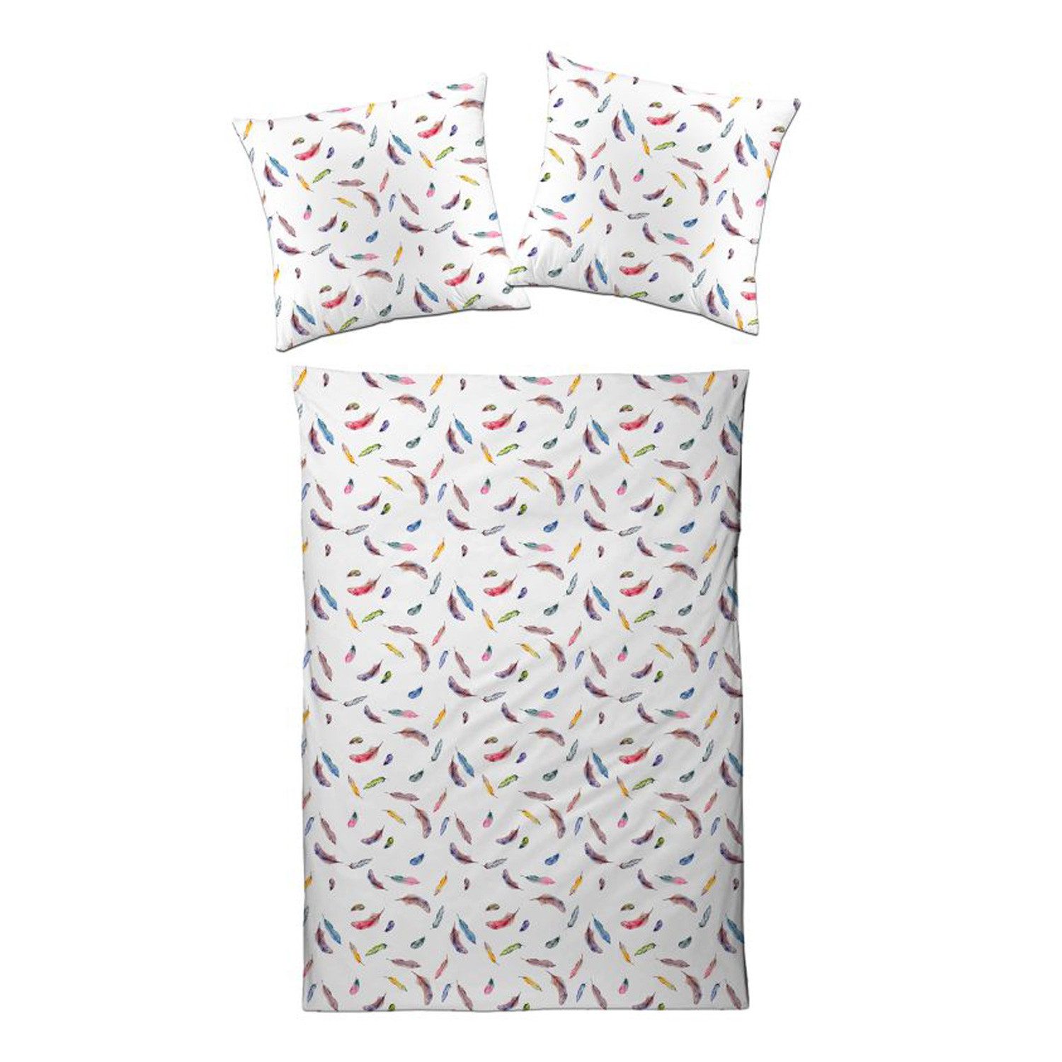 Designette Bettwäsche Satin, Satin, 2 teilig, bunte Federn auf weißem Hintergrund