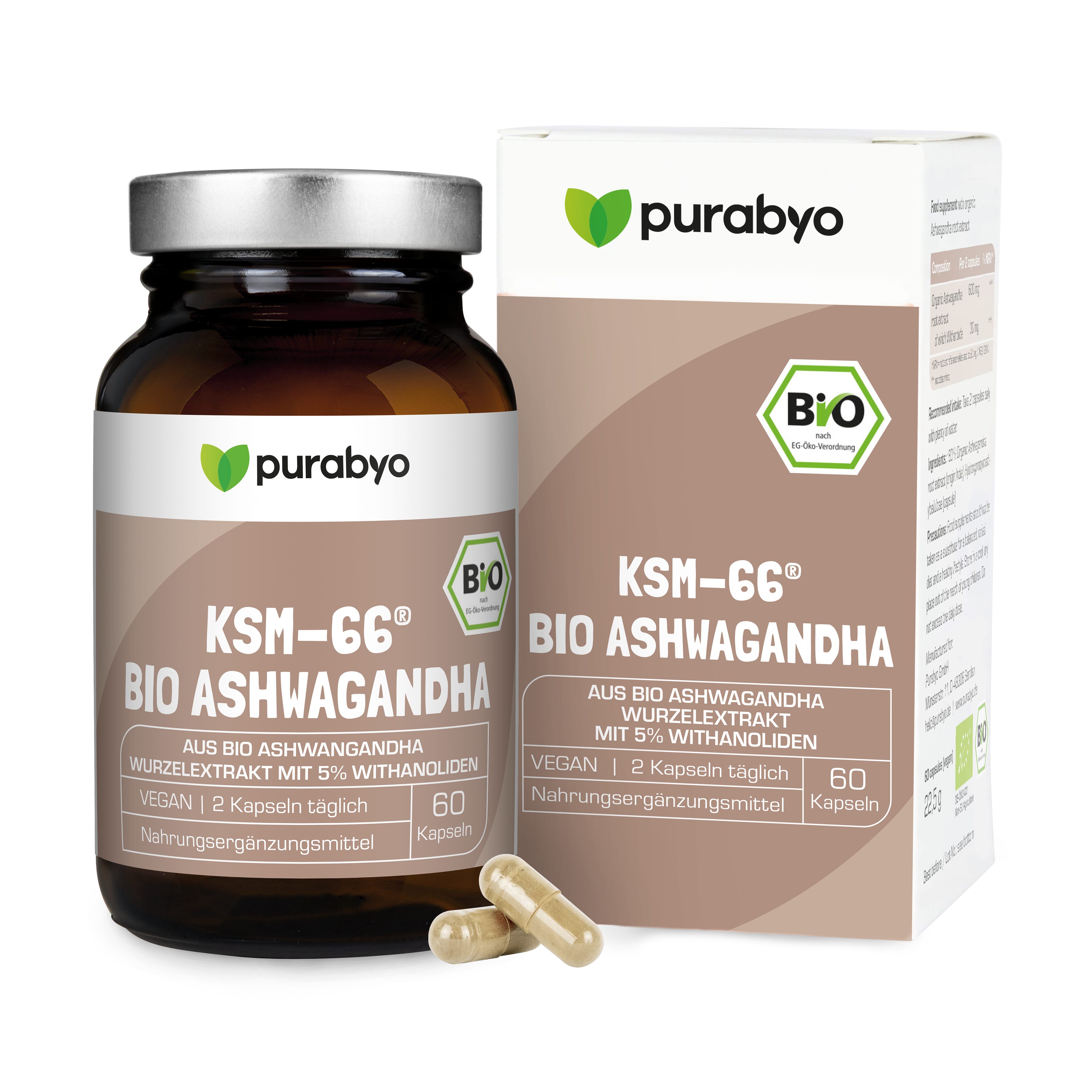 Purabyo BIO Ashwagandha KSM-66, 300 mg Extrakt pro Kapsel, im Glas Kapseln, 60,00 St., 22.5 g