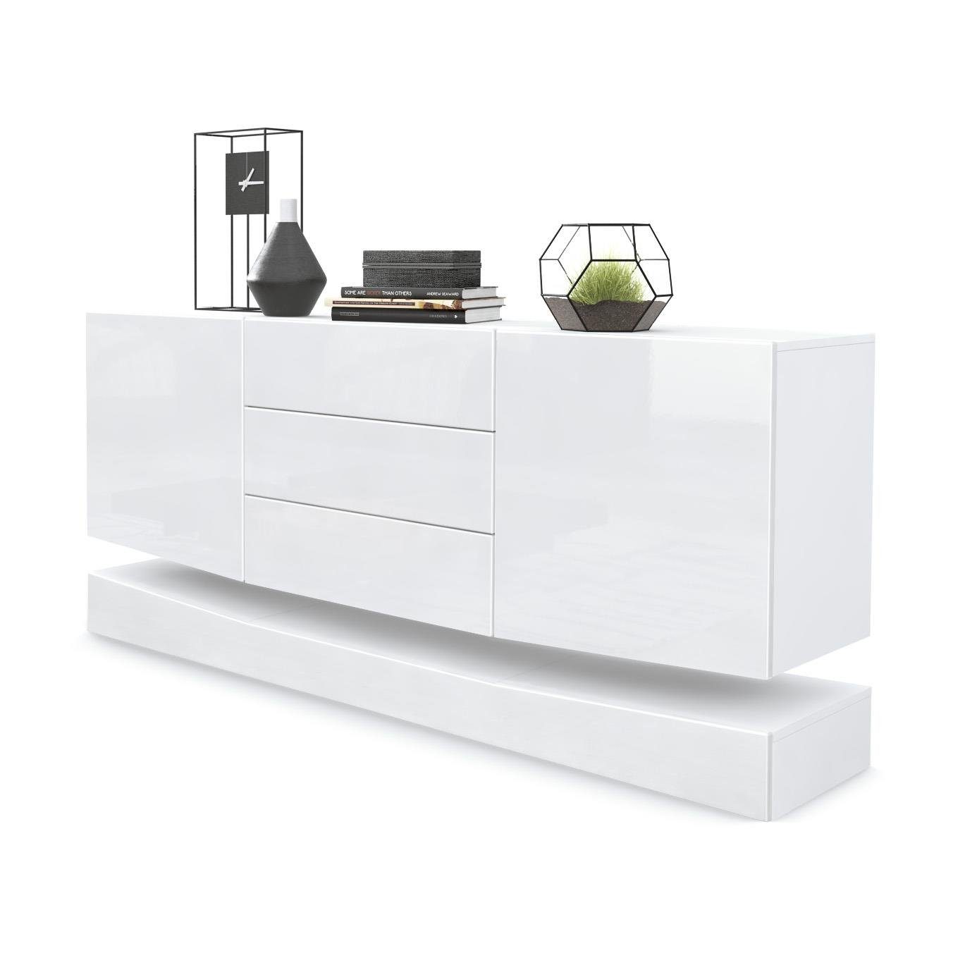 Vladon Sideboard City (Kommode, mit 2 Türen und 3 Schubladen), Weiß matt/Weiß Hochglanz (178 x 72 x 38 cm)