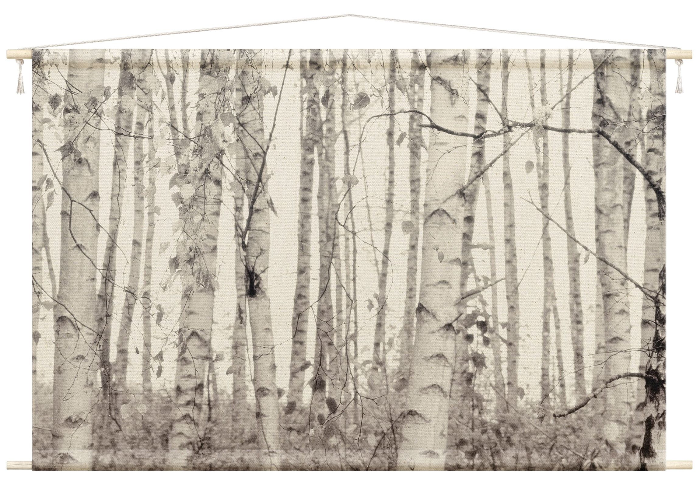 Bilderdepot24 Wandteppich modern Wald Natur schwarz-weiß grau, rechteckig, Höhe: 2.6 mm, großes Wandbild aus Natur-Baumwolle Wandbehang Stoffbild Tuch Wollseil