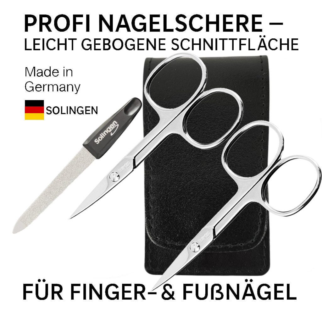 EloModa Nagelschere Solingen Nagelschere 2er Set mit Lederetui & Nagelfeile 9 cm Made in, (3-tlg), gebogener Schnittfläche