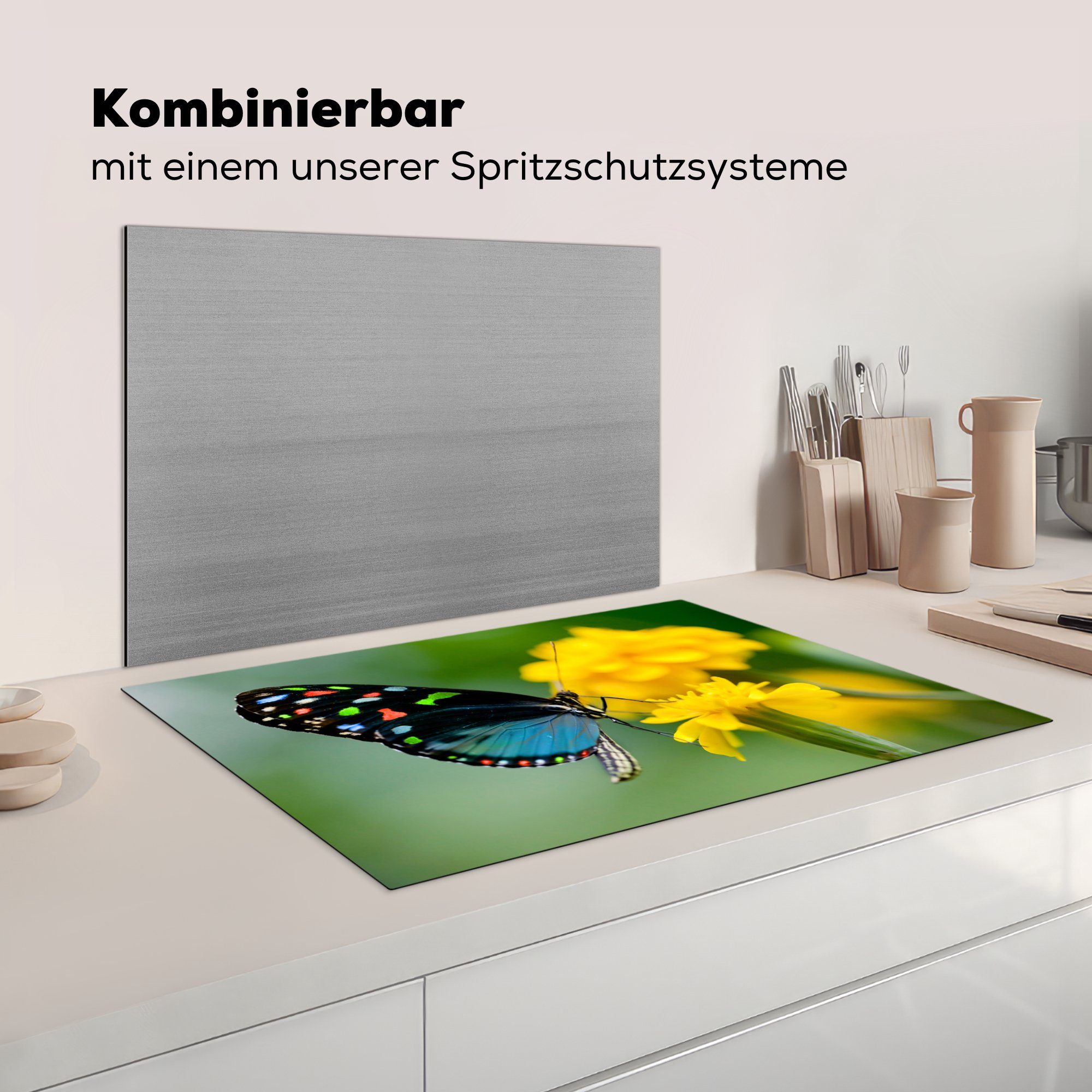 küche, Herdblende-/Abdeckplatte cm, (1 tlg), die - Insekt, Induktionskochfeld für Vinyl, - Schutz - 81x52 Schmetterling MuchoWow Tier Ceranfeldabdeckung Blume