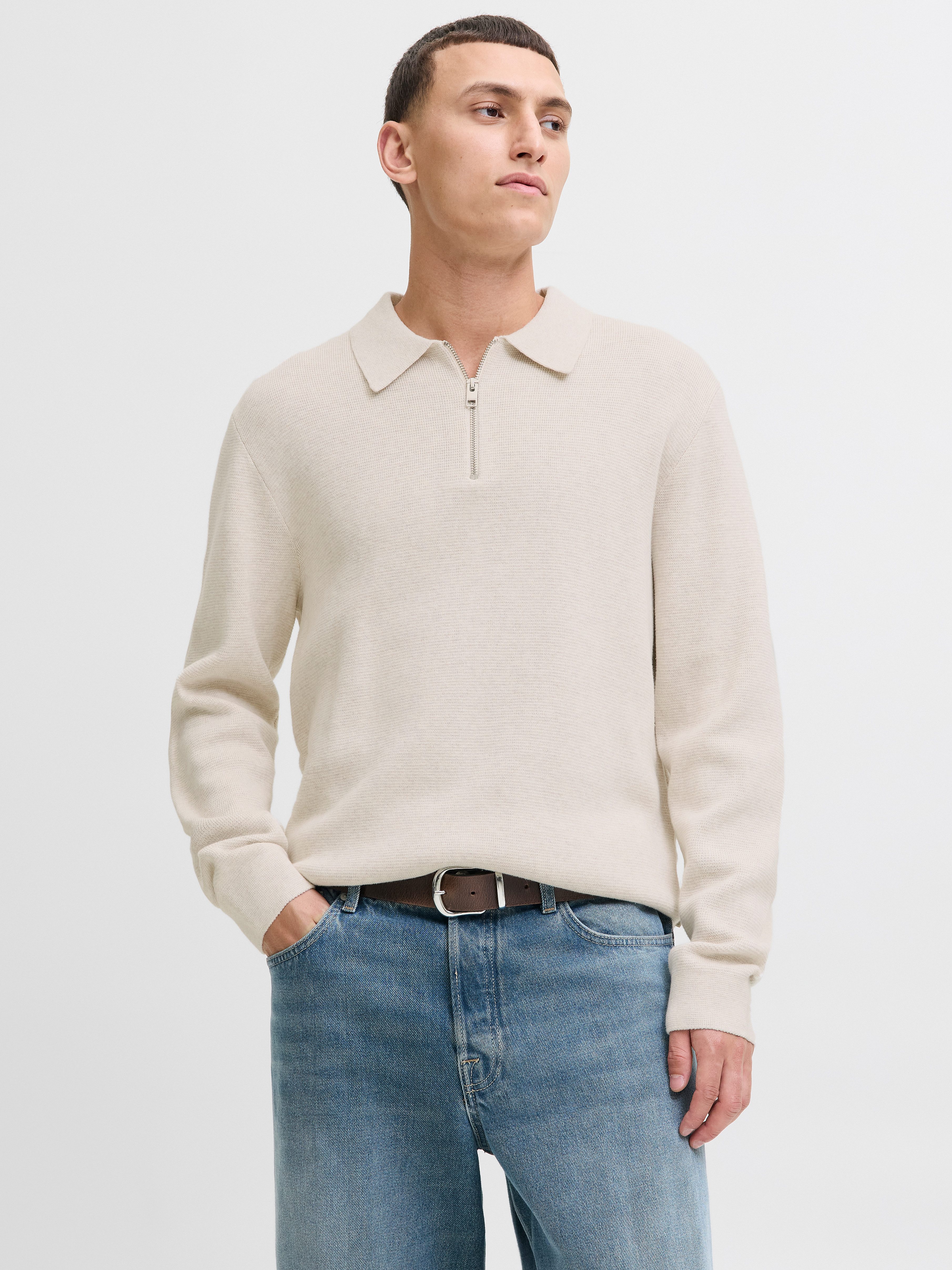 Jack & Jones Polokragenpullover JPRBLAMILANO STITCH KNIT ZIP POLO SN Baumwolle, locker geschnitten