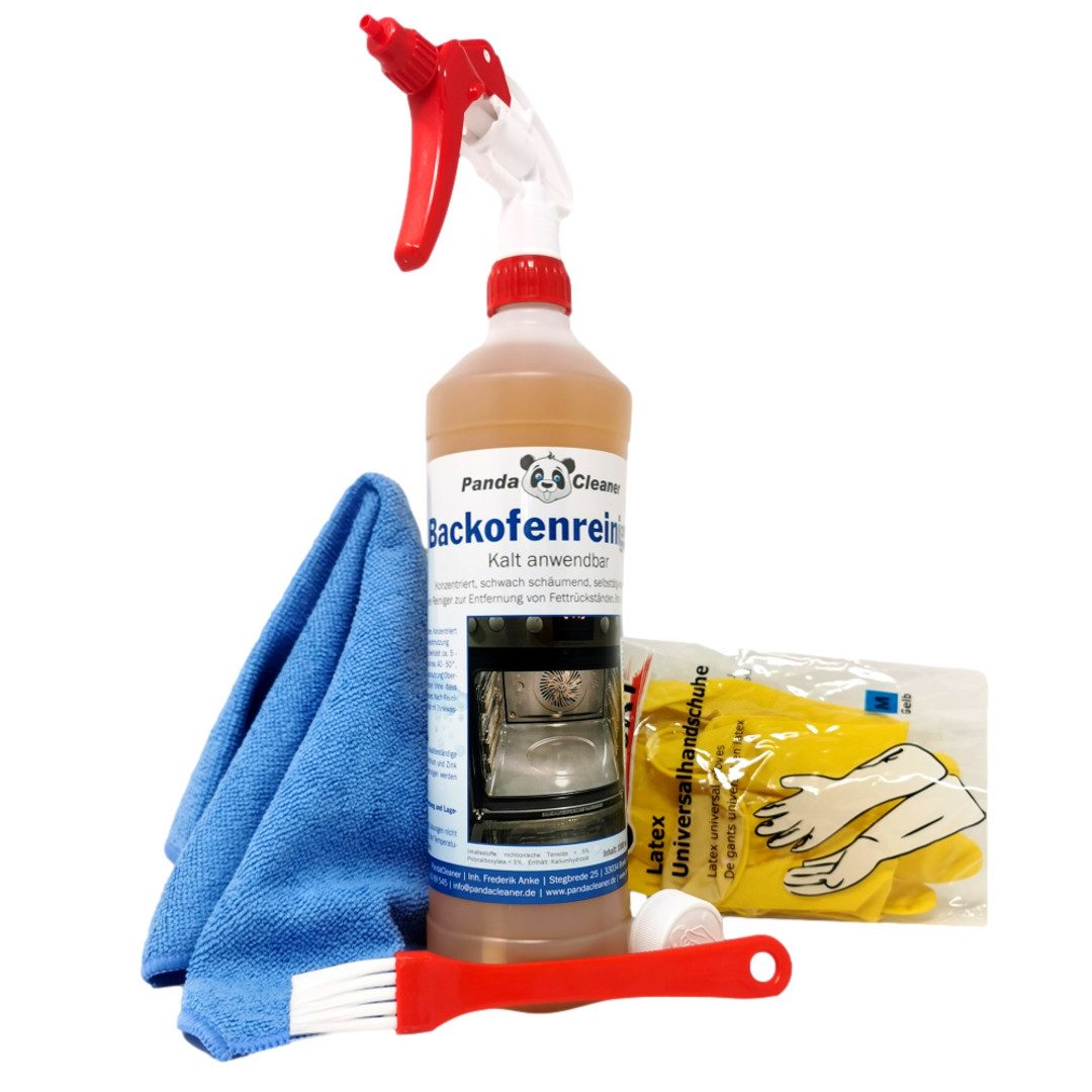PandaCleaner Backofen- & Grillreiniger - Grillrostreiniger - Konzentrat Backofenreiniger (Spar-Set, [5-St. 1 x Handschuhe, Tuch, Pinsel, Sprühkopf & Reiniger 1 Liter)