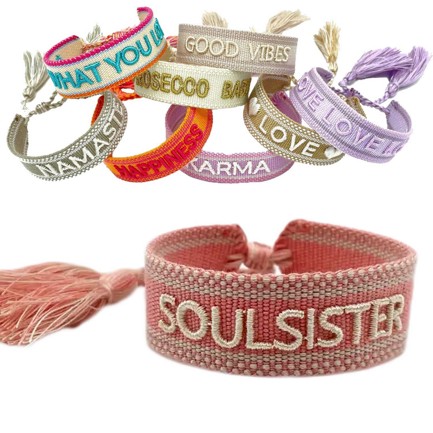 LS-LebenStil Armband Canvas Statement Armband Soulsister Rosa Weiß Quasten bestickt (Baumwollarmband Webarmband Armbandliebe Freundschaftsarmband Freundschaftsband Partnerarmband, 1-tlg., textil geflochten gewebt - hochwertiger gestickter Spruch), perfekt