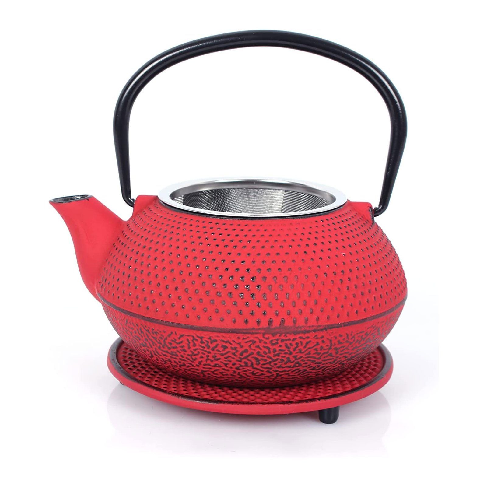 Geschirr-Set Rot Teetassen + 2 Teekanne abnehmbar, Teebereiter, Vintage-Design Sieb Gusseisen, (4-tlg), Untersetzer Teeservice im 1,1L, ECHTWERK