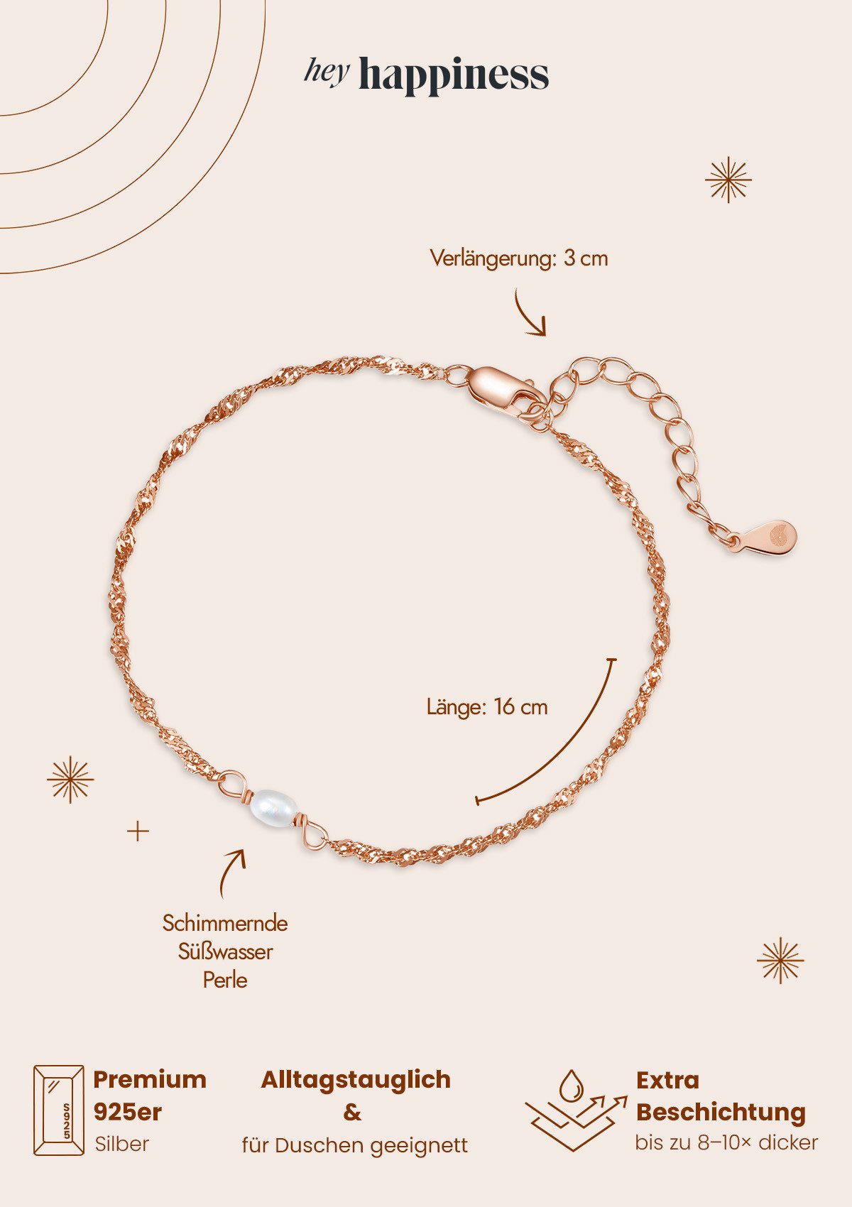 Hey Happiness Perlenarmband mit weißer Süßwasserperle, Zarte 925 Silber Damen Armkette, 18K Vergoldet – Bild 5 von 5
