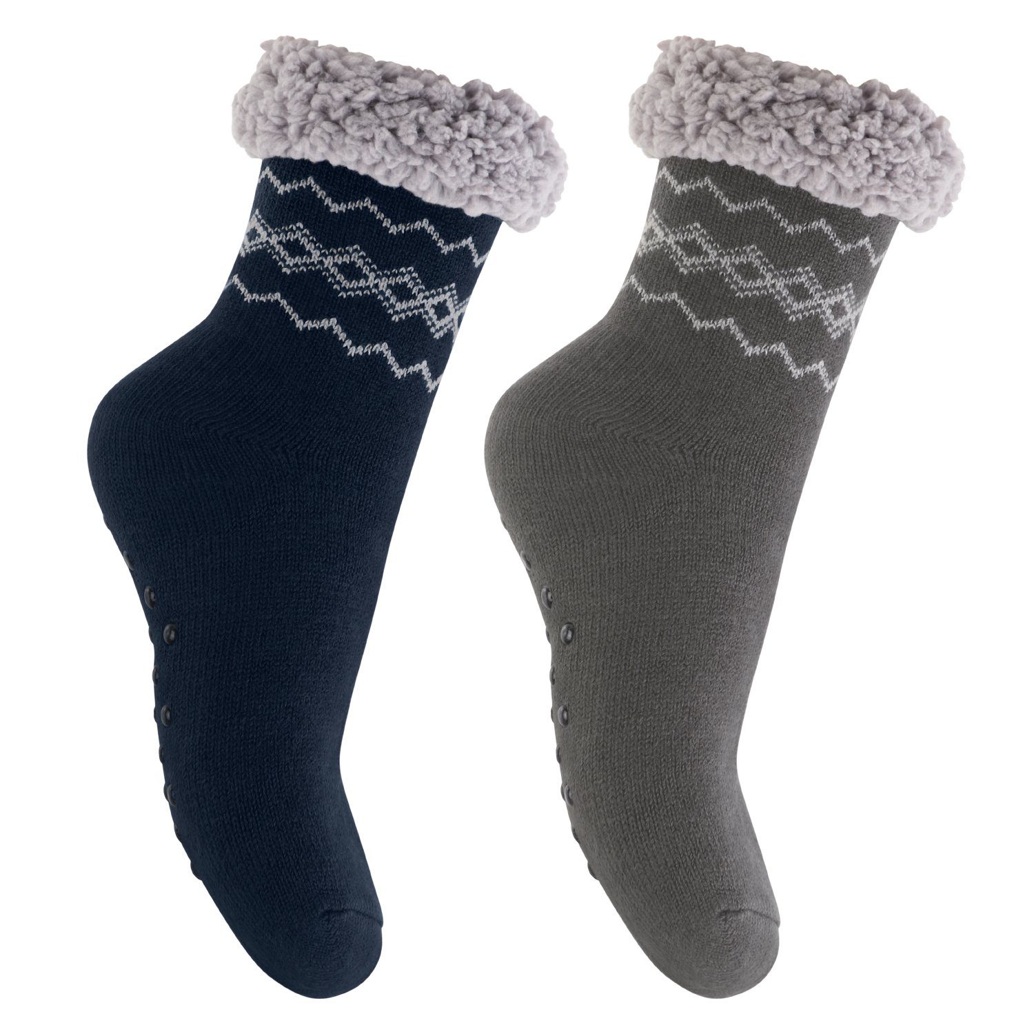 Footstar ABS-Socken Winter Haussocken für Damen & Herren (1/2 Paar) Kuschelsocken 2er Anthra-Navy