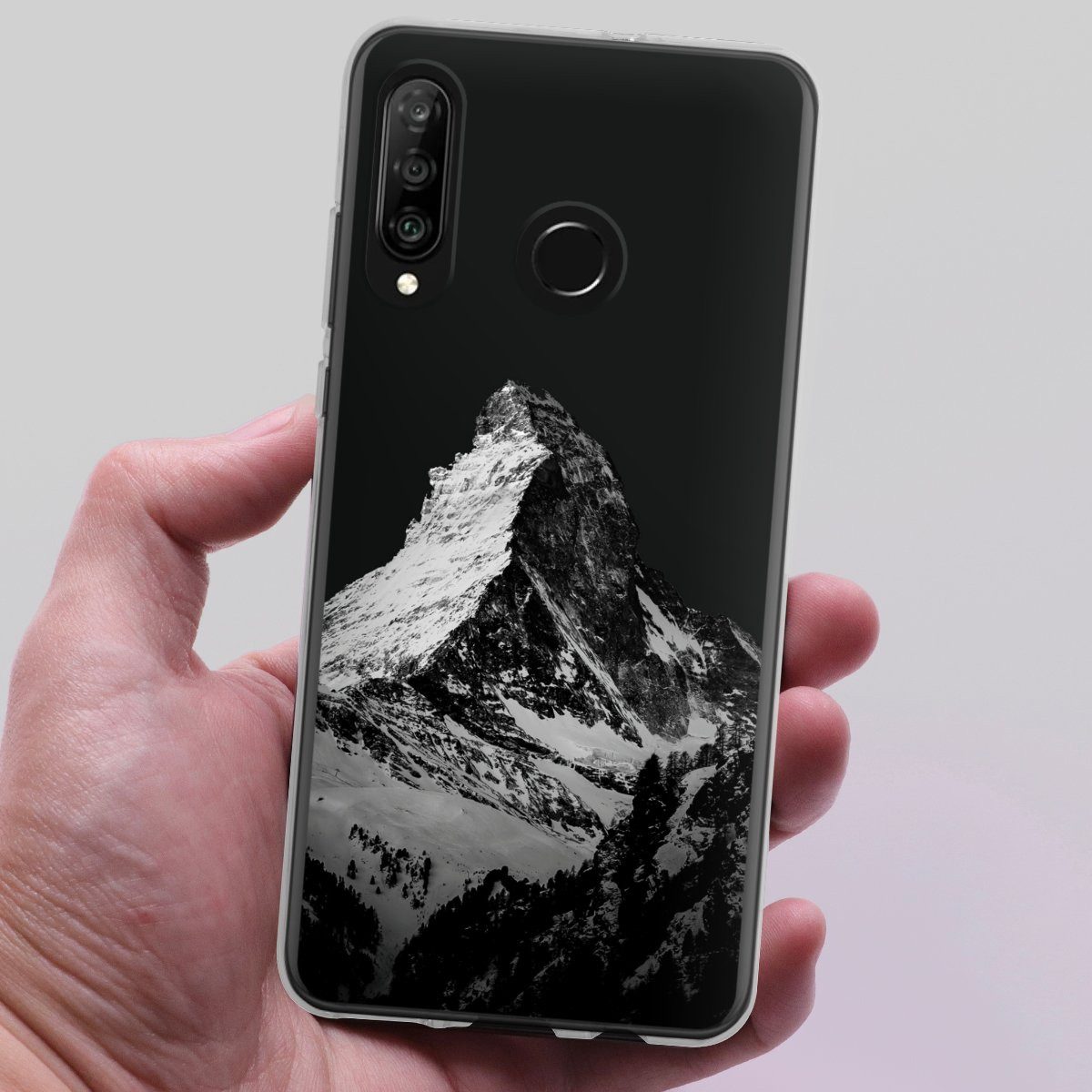DeinDesign Handyhülle Berg Schnee Alpspitze Snow Capped Mountains Grayscale, Huawei P30 Lite New Edition Silikon Hülle Bumper Case Smartphone Cover