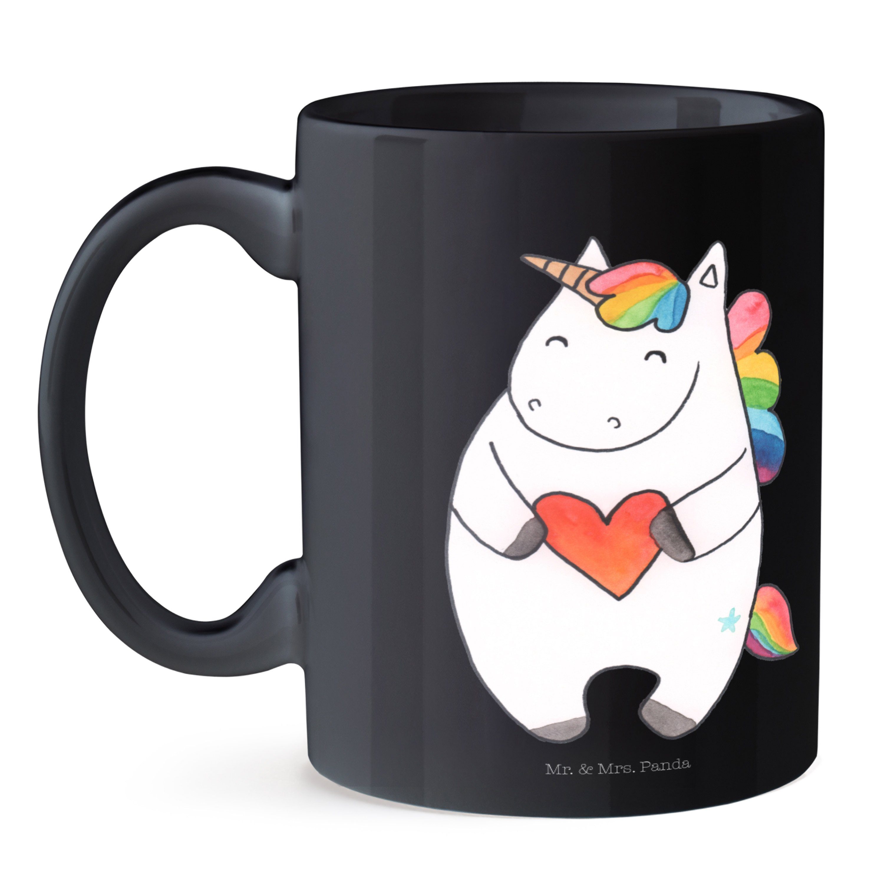 Herz - - Mrs. Schwarz Panda & Geschenk, Pegasus, Mr. Teetasse, Einhorn Unicorn, Tasse Keramik Tasse, Schwarz