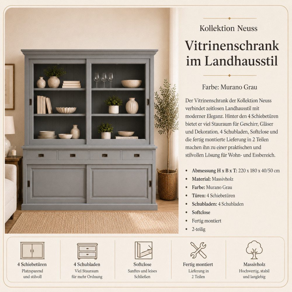 Wohnpalast Vitrine Vitrinen Schrank Neuss 180 cm Murano - Vitrine mit Schiebetüren