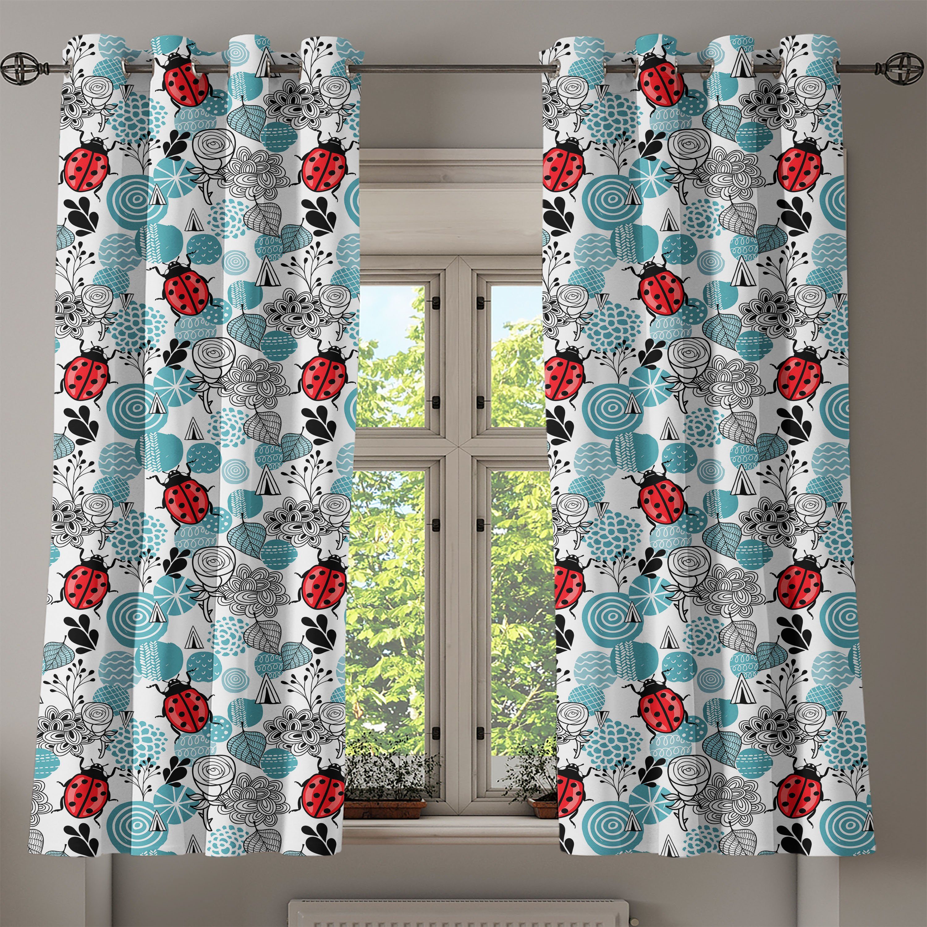 Rosen Gardine 2-Panel-Fenstervorhänge Wohnzimmer, Dekorative Romantische Blumen Abakuhaus, Marienkäfer Schlafzimmer käfer~~POS=HEADCOMP für