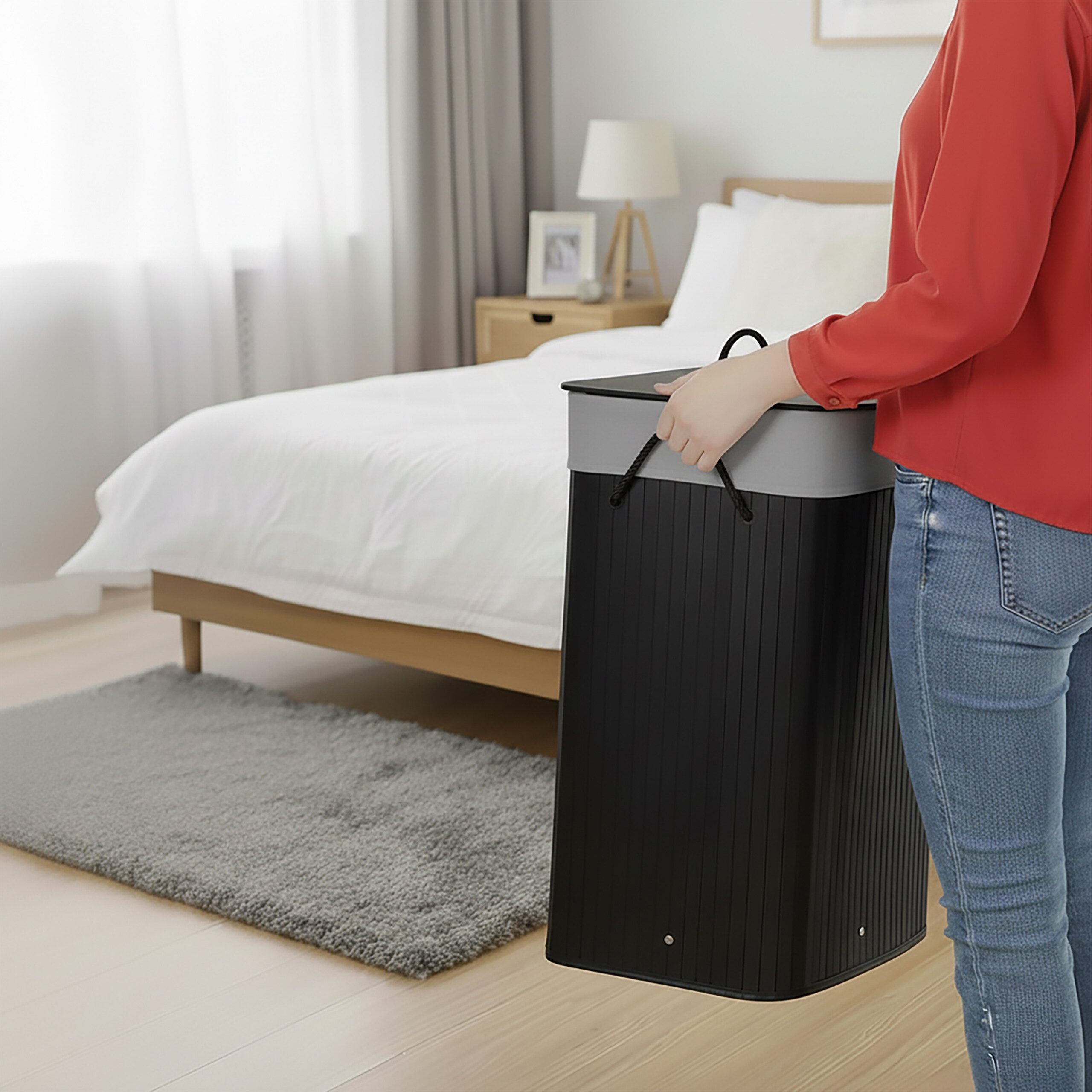 relaxdays Wäschekorb Bambus Wäschekorb mit 2 Fächern, schwarz günstig online kaufen