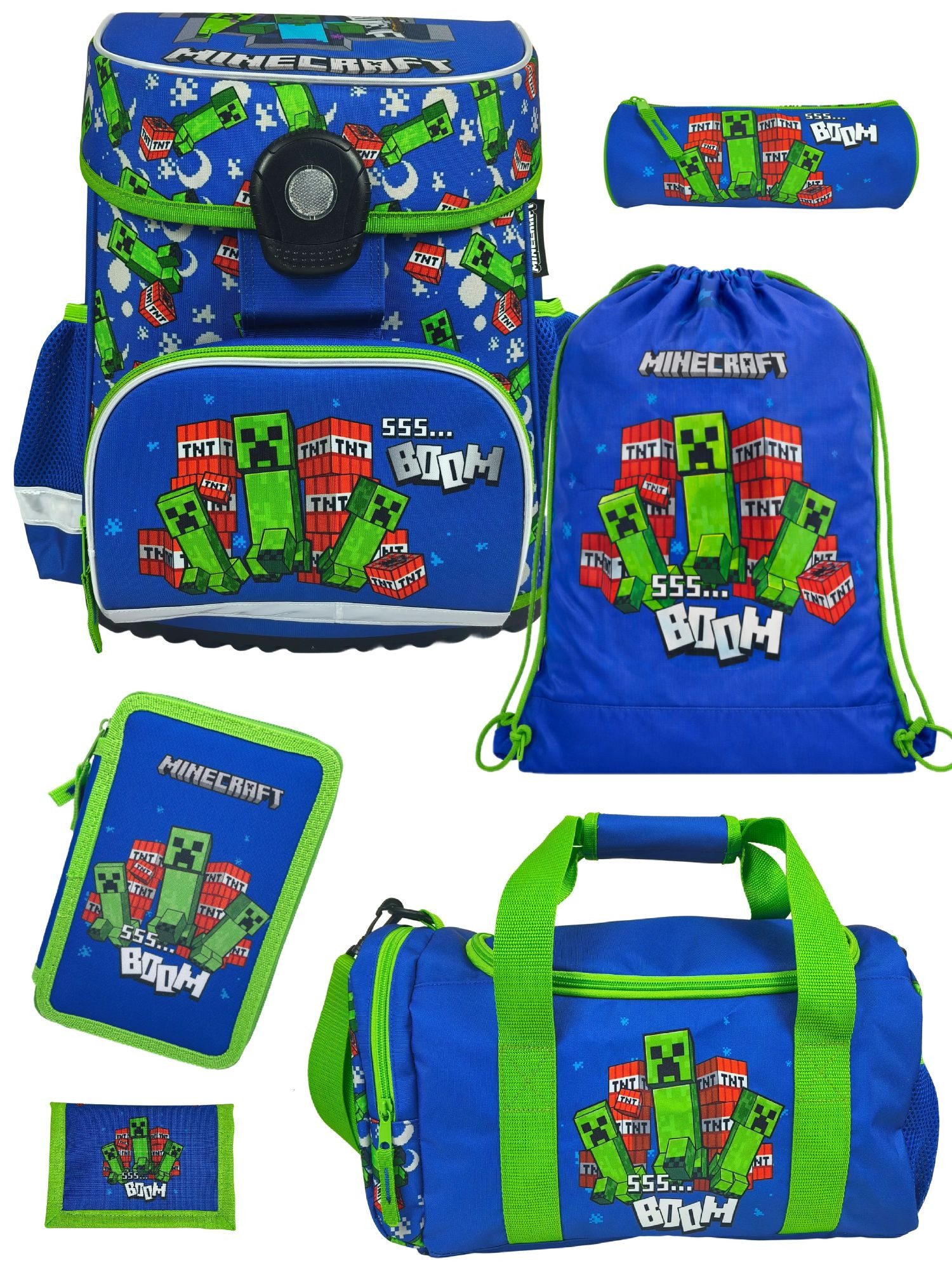 Familando Schulranzen Minecraft 1.-4. Klasse ergonomisch, geräumig, Volumen 18 Liter (Set, 6-tlg., inkl. Federmäppchen und Sporttasche), MINECRAFT Motiv blau