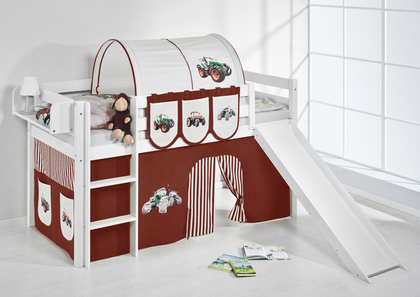 Lilokids Hochbett Spielbett JELLE Trecker - Hochbett - mit Rutsche und Vorhang