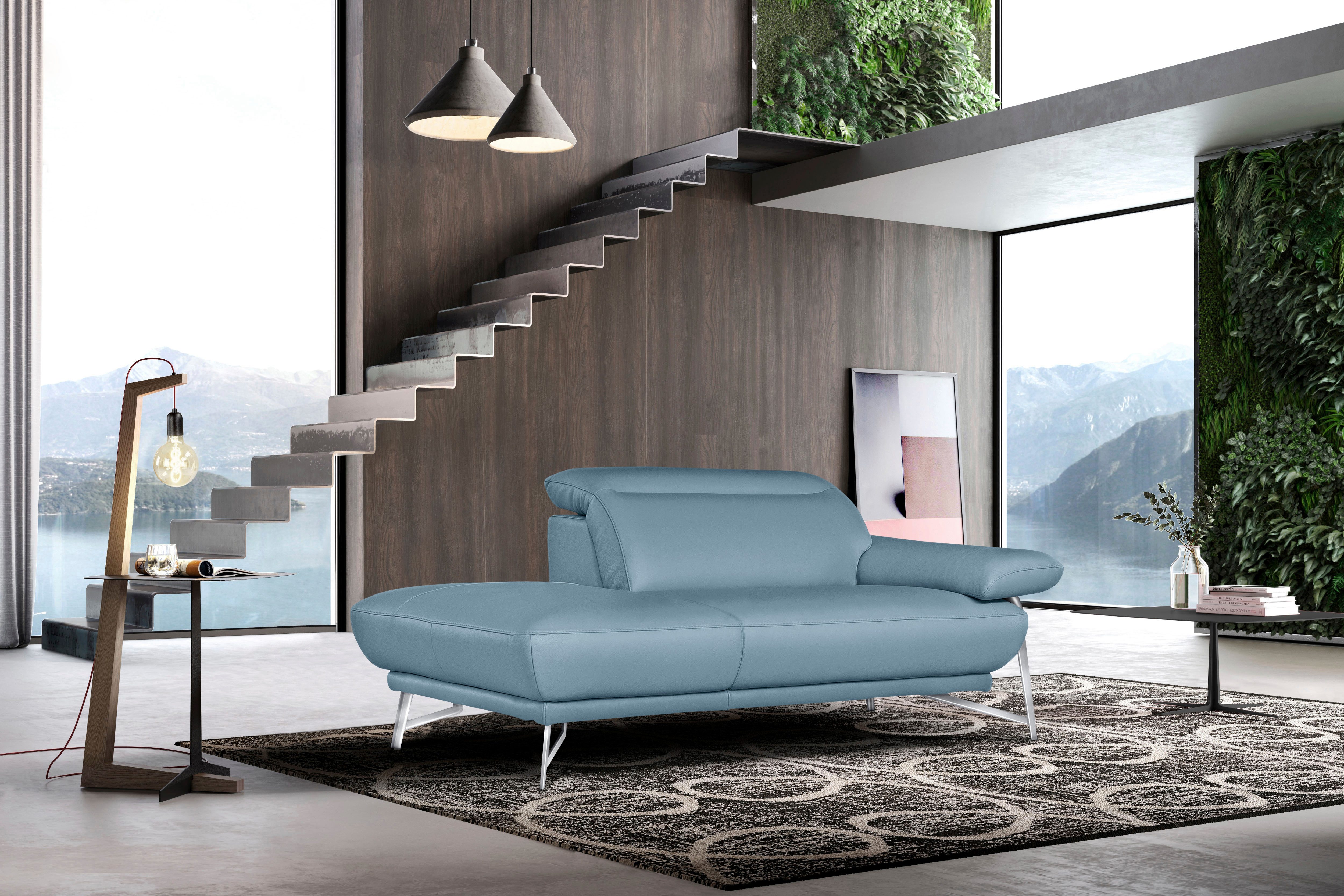 Egoitaliano Ottomane Anais, erstklassiges Designsofa, Breite 179 cm, Fußfarbe chrom, Kopfteil verstellbar, Leder CAREZZA, himmelblau