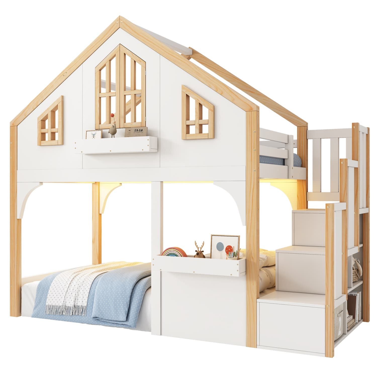 autolock Kinderbett Etagenbett, Hochbett, Kinderbett, Holzbett, Hausbett 90x200cm, Kinderhochbett mit LED und Stauraumtreppe,Fenster-Form