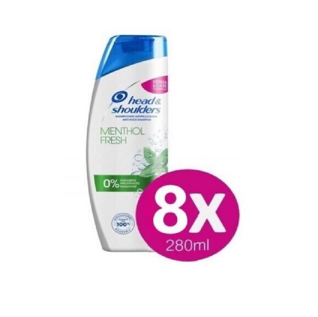 Head & Shoulders Haarshampoo Menthol Fresh Anti-Schuppen Shampoo Set 8x280ml Haarpflege, Krauses Haar, Lockiges Haar, Normales Haar, Strapaziertes Haar, Trockenes Haar, Welliges Haar Anti Schuppen Shampoo, 8-tlg., Feines Haar, Fettiges Haar, Graues Haar, Helles Haar, bekämpft Juckreiz, Anti-Schuppen, entfernt Talg