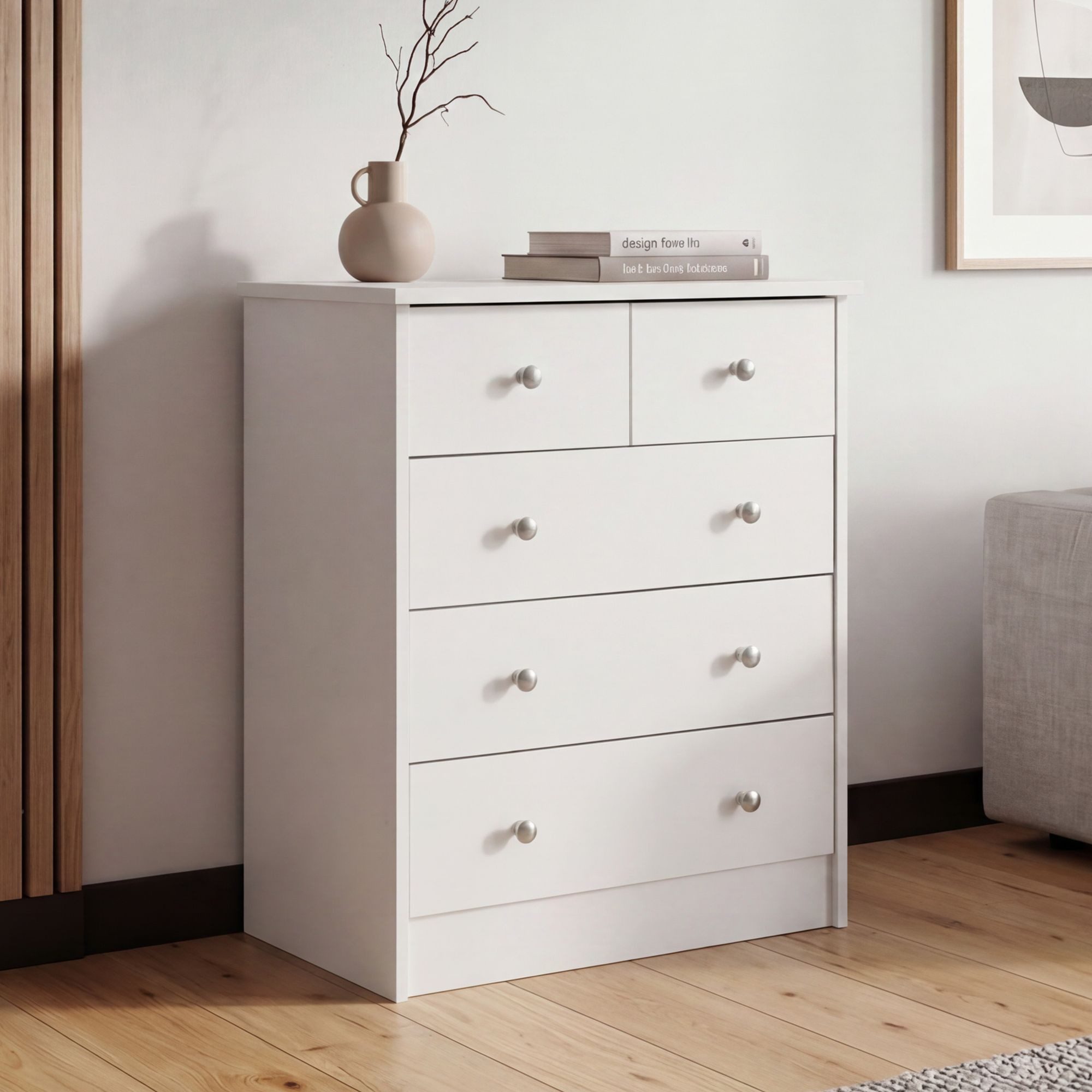 FINEBUY Sideboard SuVa1595_1 Schubladenkommode mit 5 Schubladen 60cm Kommode zeitlos (Kommode 60x70x35 cm Weiß mit 5 Schubladen Modern), Kommodenschrank Flur, Design Mehrzweckanrichte