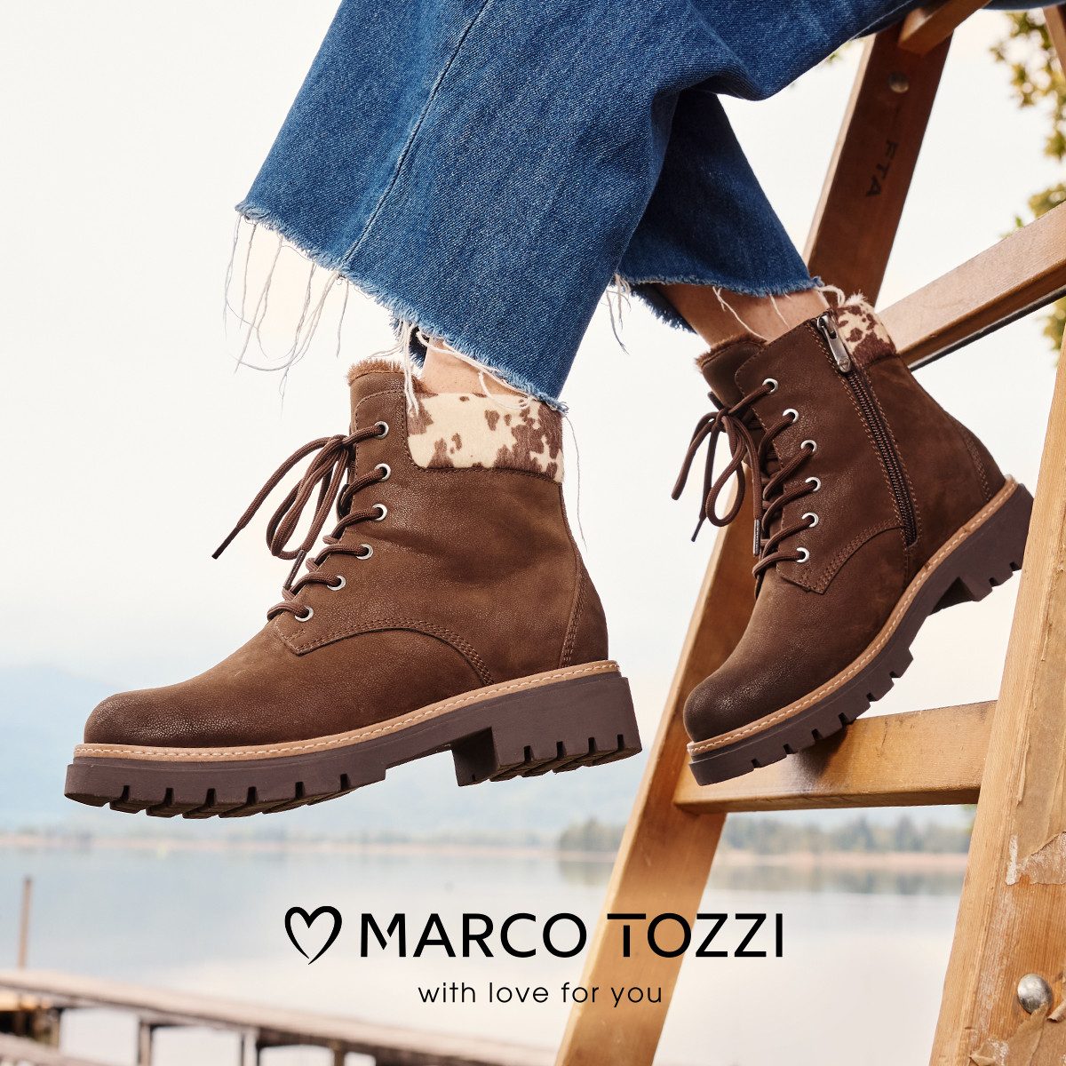 MARCO TOZZI Winterboots, Blockabsatz, Schnürboots mit Kontrastbesatz mit Kuhmuster