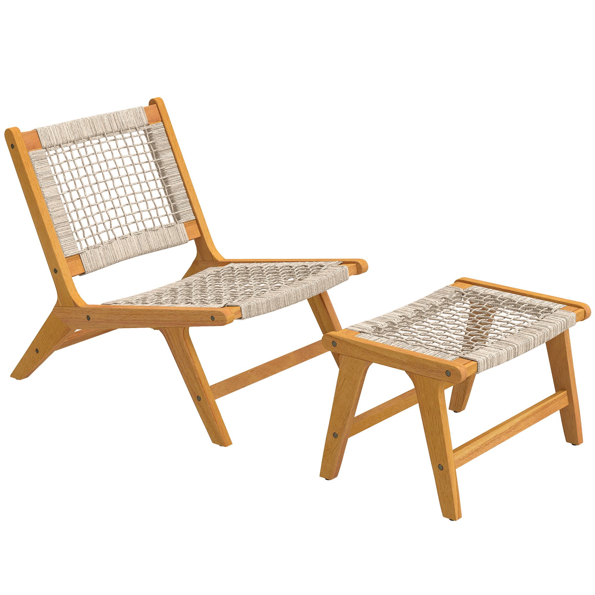 Outsunny Sitzgruppe mit Hocker, Rattan-Sitz, Boho-Stil, verstellbare Füße, (Lounge Set, 2-tlg., Outdoor Loungesessel), für Garten Balkon Beige