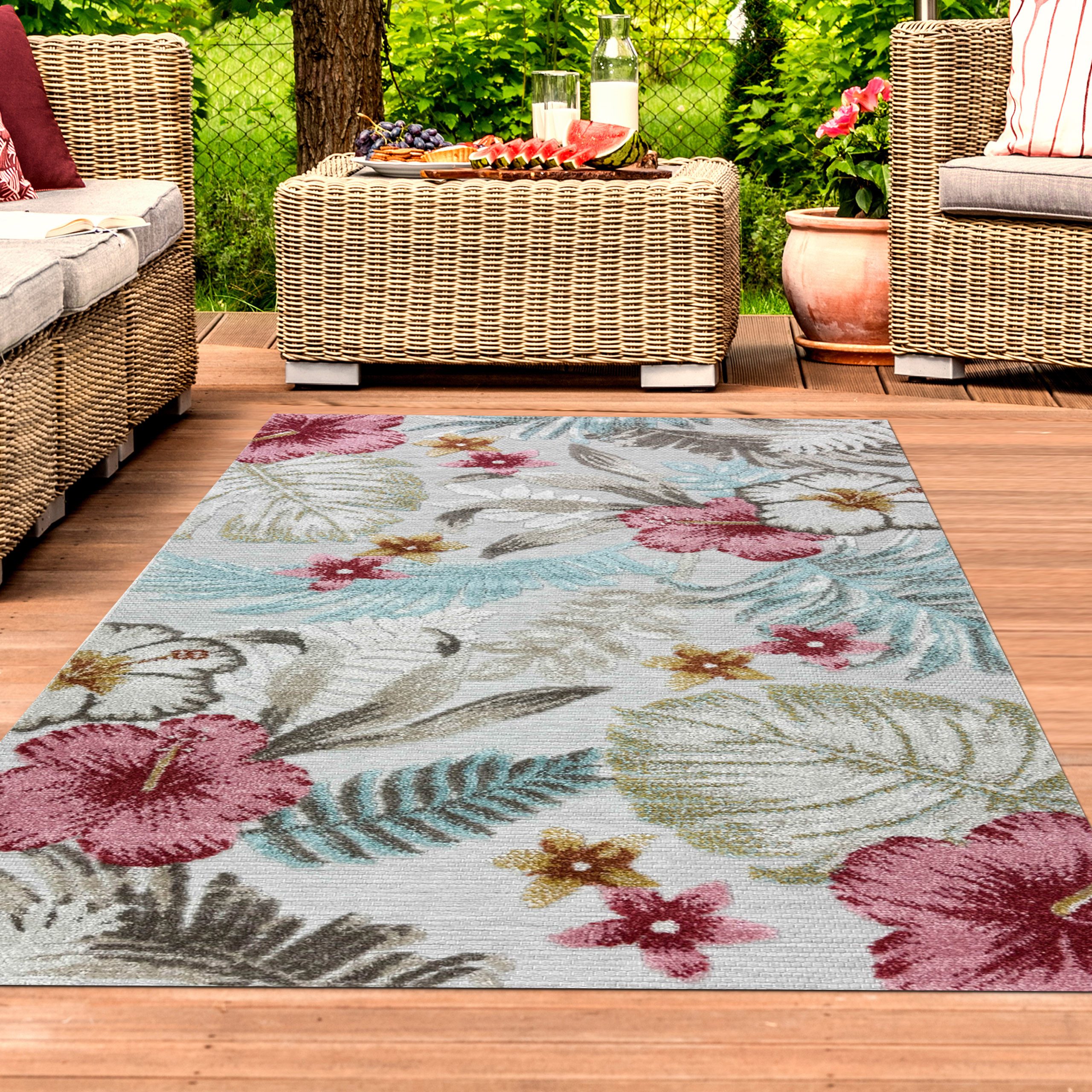 TeppichHome24 Outdoorteppich In- & Outdoor Teppich 3d-effekt Blumen Blätter günstig online kaufen