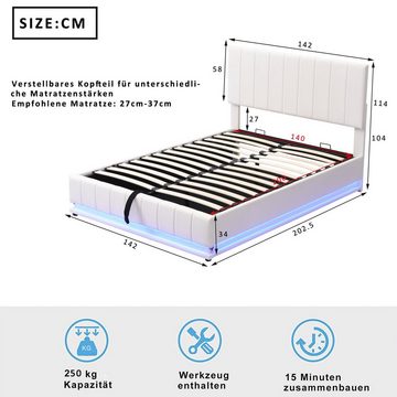 REDOM Polsterbett Doppelbett (140 x 200 cm mit LED, Metalllattenrost & Bettkasten), Einfach zu montierender Bettrahmen