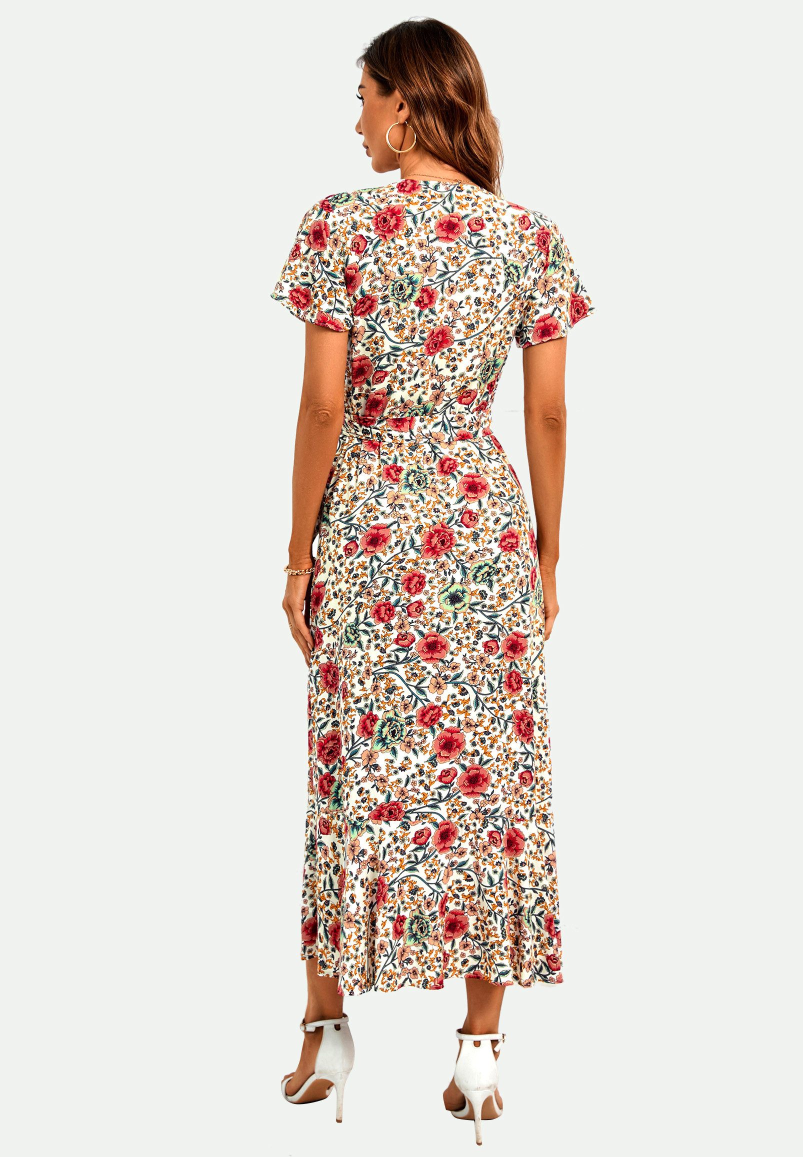 FS Collection Wickelkleid Damen Wickel Midikleid Sommerkleid V-Ausschnitt Engelsärmel festlich Creme und Weiß aus 100% Baumwolle - Beige aus 100% Viskose – Bild 4 von 4