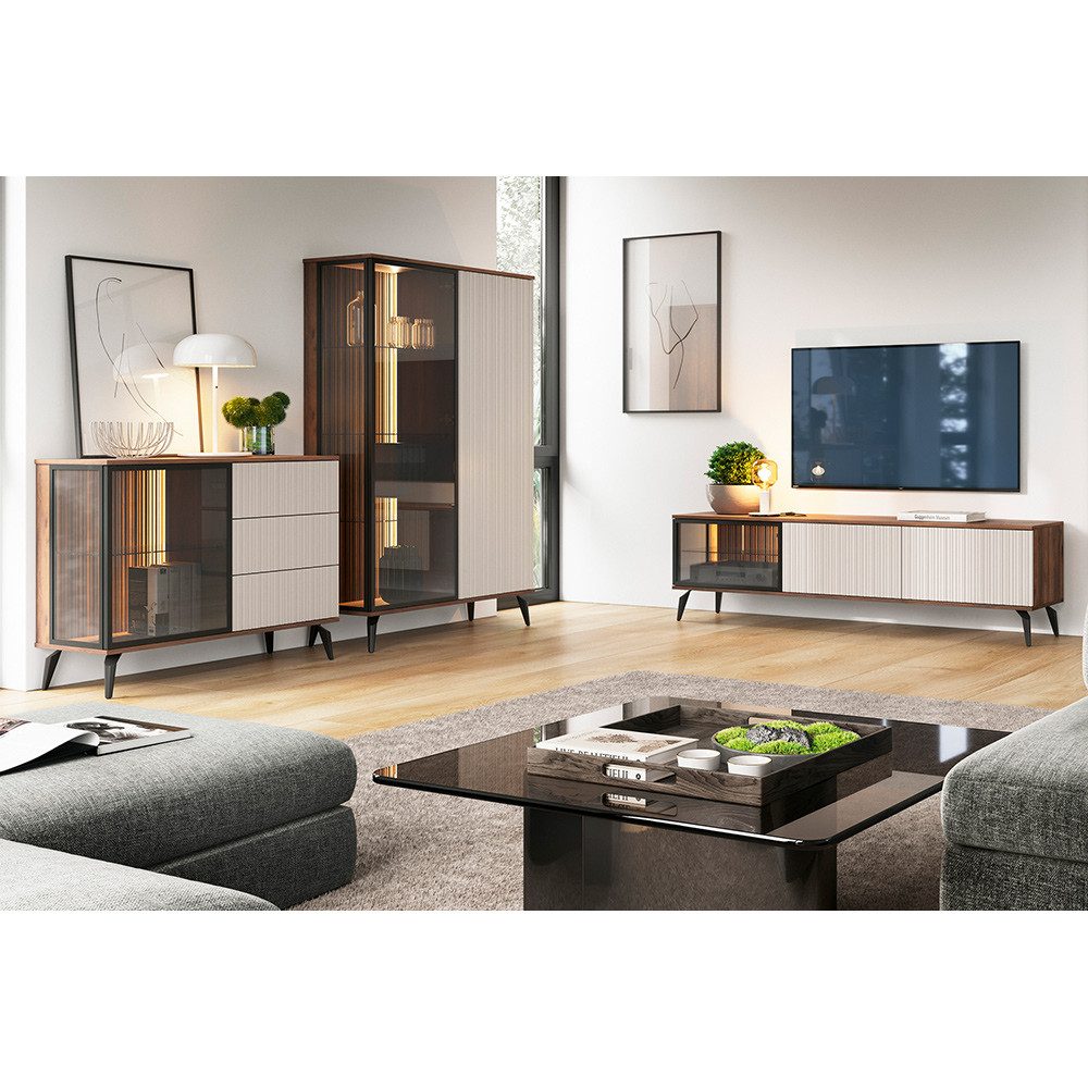 Lomadox Wohnzimmer-Set VIC-160, (Mega-Spar-Set, 3-St., Lowboard Kommode Highboard), Eiche Kaschmir Beige Rillen inkl. Beleuchtung Metallfüße Push-to-open