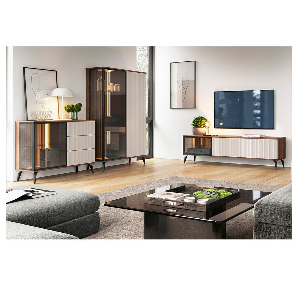 Lomadox Wohnzimmer-Set VIC-160, (Mega-Spar-Set, 3-St., Lowboard Kommode Highboard), Eiche Kaschmir Beige Rillen inkl. Beleuchtung Metallfüße Push-to-open