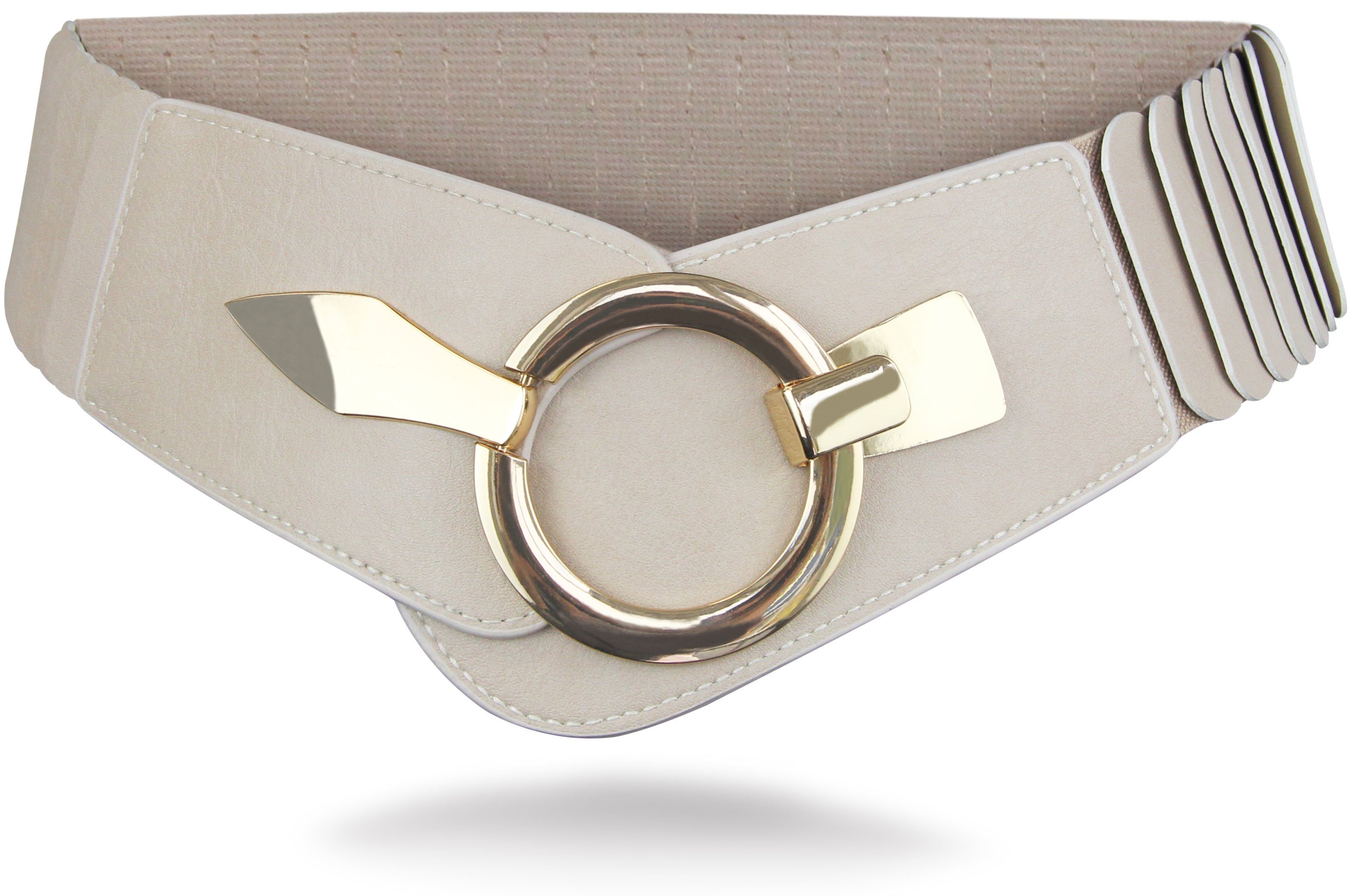 Vanessa & Melissa Taillengürtel Damen 6cm breit (bequemer Stretchgürtel) elastischer Gürtel mit goldener Ring-Schließe Beige