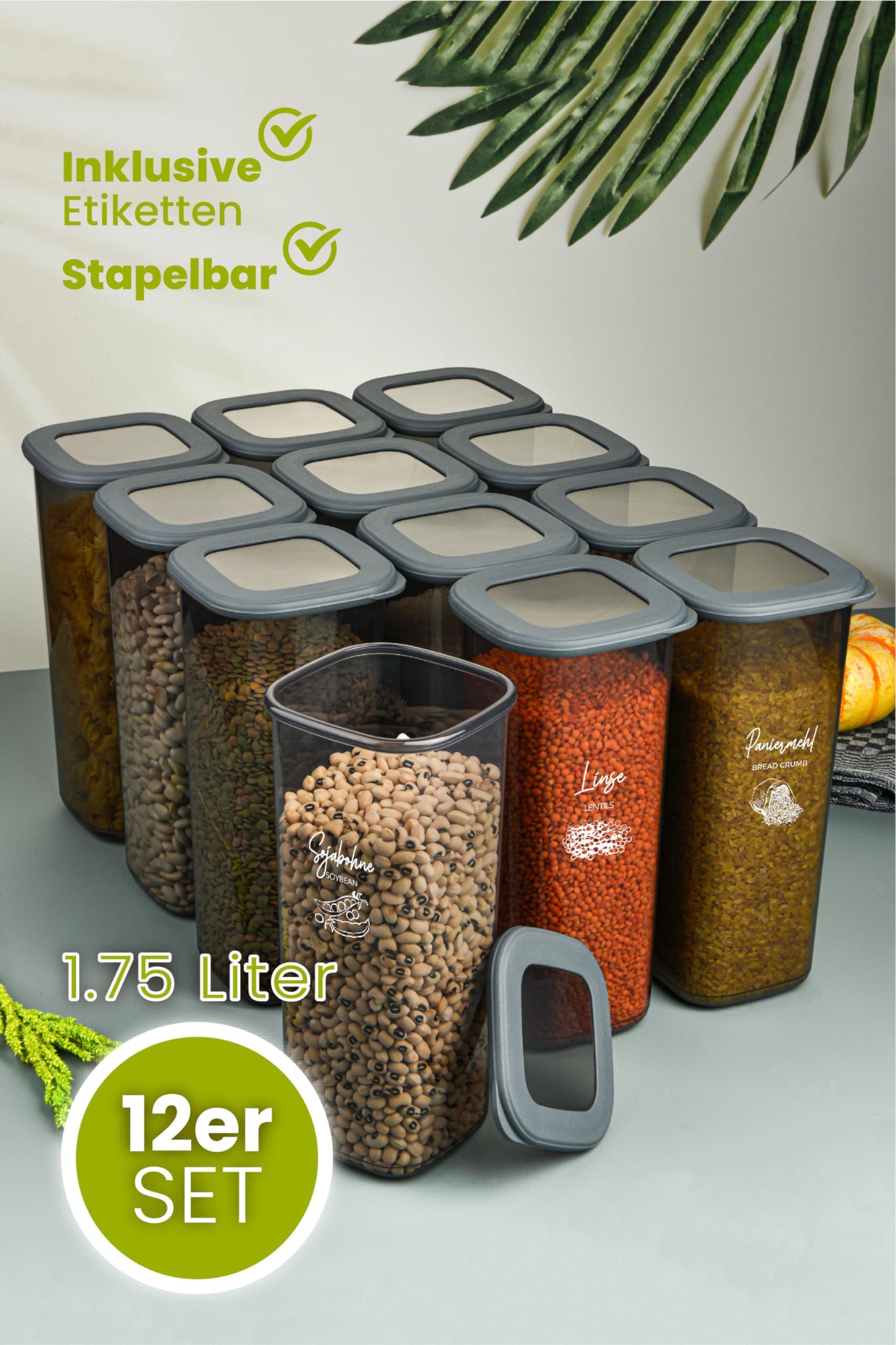 Viwares Vorratsdose Viwares Vorratsdosen-Set 12er Anthrazit SERIE FOLY 1.75L, Plastik – Bild 2 von 5