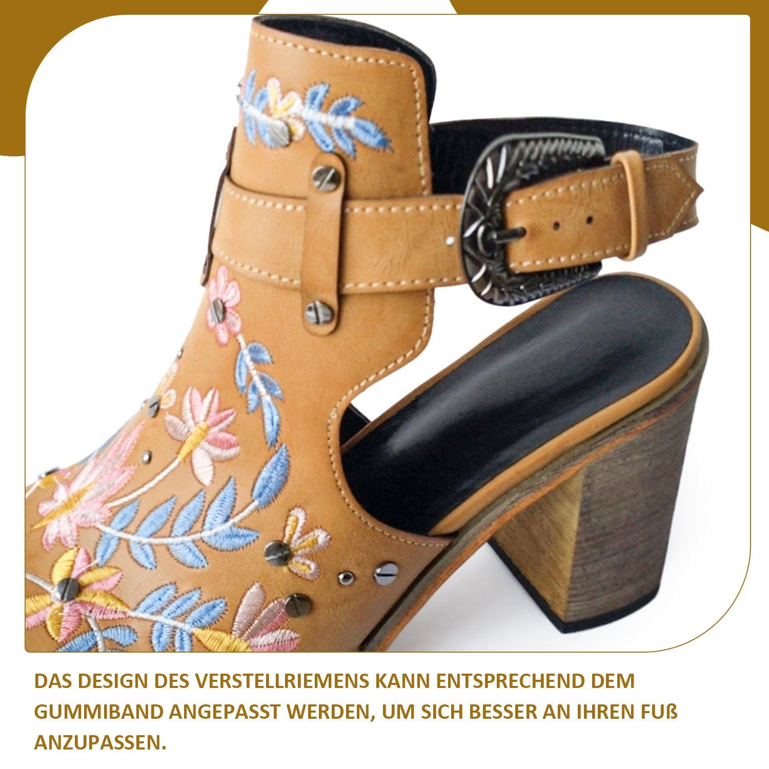 Vintage Absätze Daisred Retro Nieten-Sandalen Braun Sandalette Bestickte