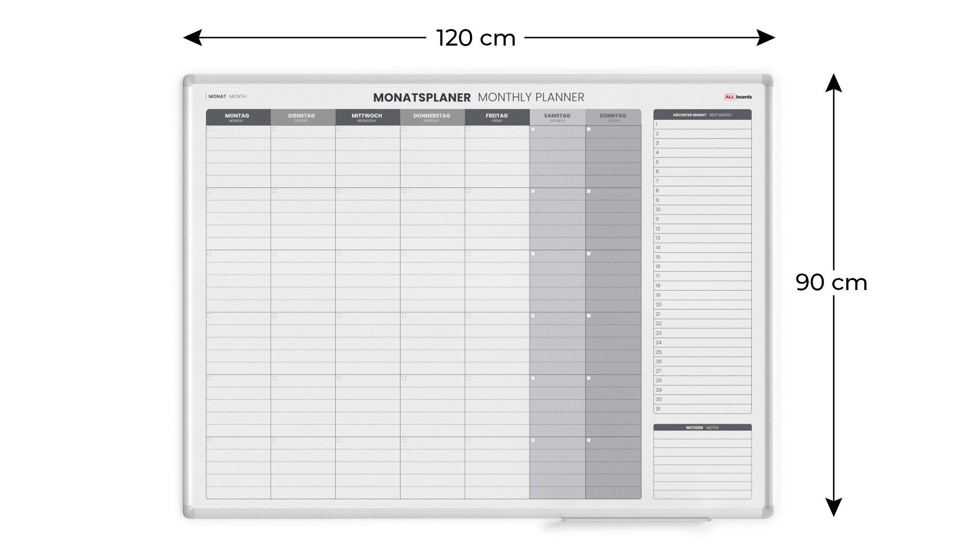 ALLboards Tafel Magnetischer Monatsplaner 120x90cm für Monatsplanungen
