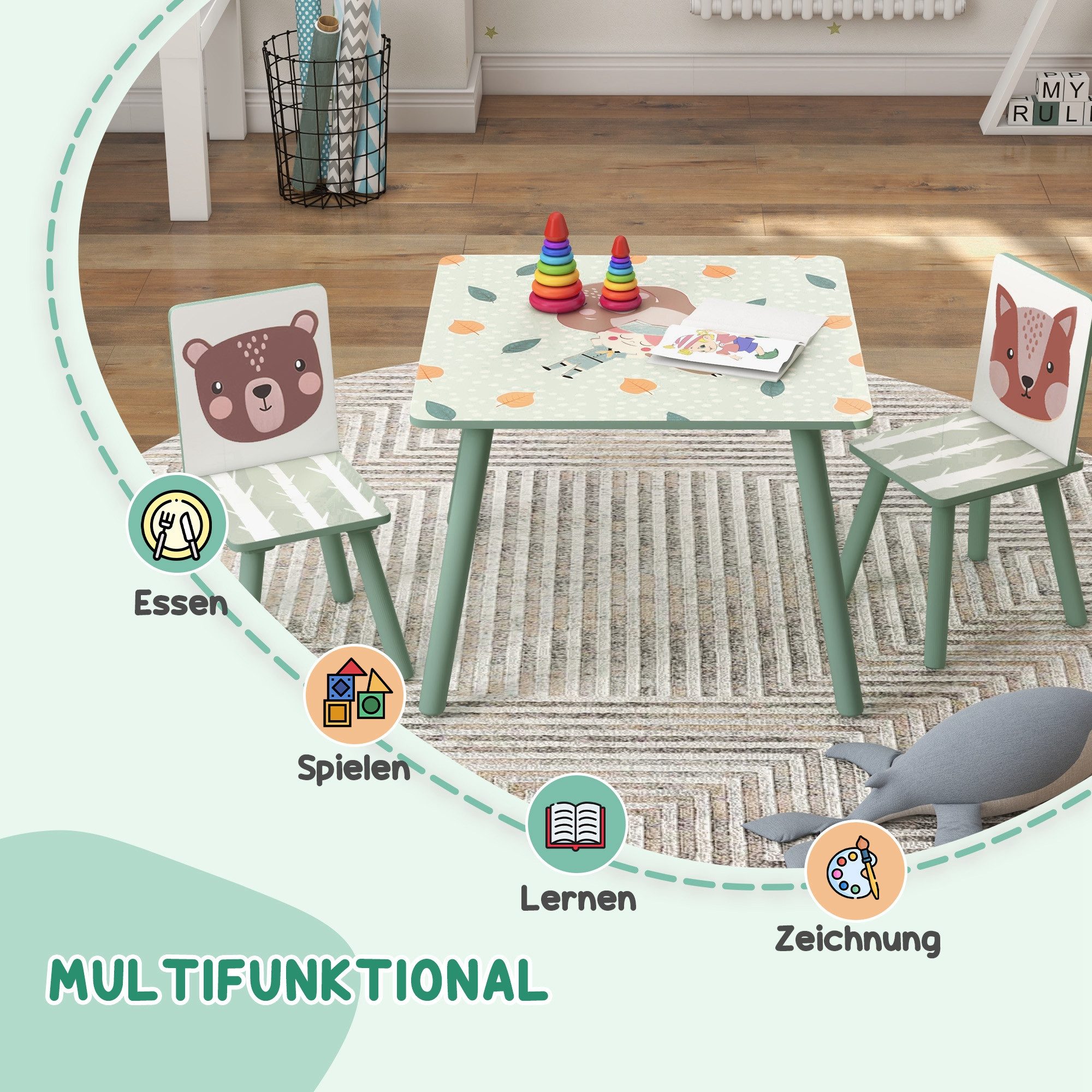 ZONEKIZ Kindersitzgruppe Kindertisch mit Tiermotiv, Kindermöbel für Kinderzimmer, (Kinderschreibtisch, 3-tlg., Stühle), 3-teilige Set für Schlafzimmer, Kinderga – Bild 4 von 5
