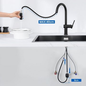 Auralum Küchenarmatur Hochdruck Wasserhahn Mischbatterie mit Ausziehbar Brause 2 Funktionen Spültischarmatur Schwarz